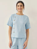 LINTICO 100% Linen Short-Sleeve Round Neck Button Detail Top & Pants Set JOSIE — lifestyle worn / used context