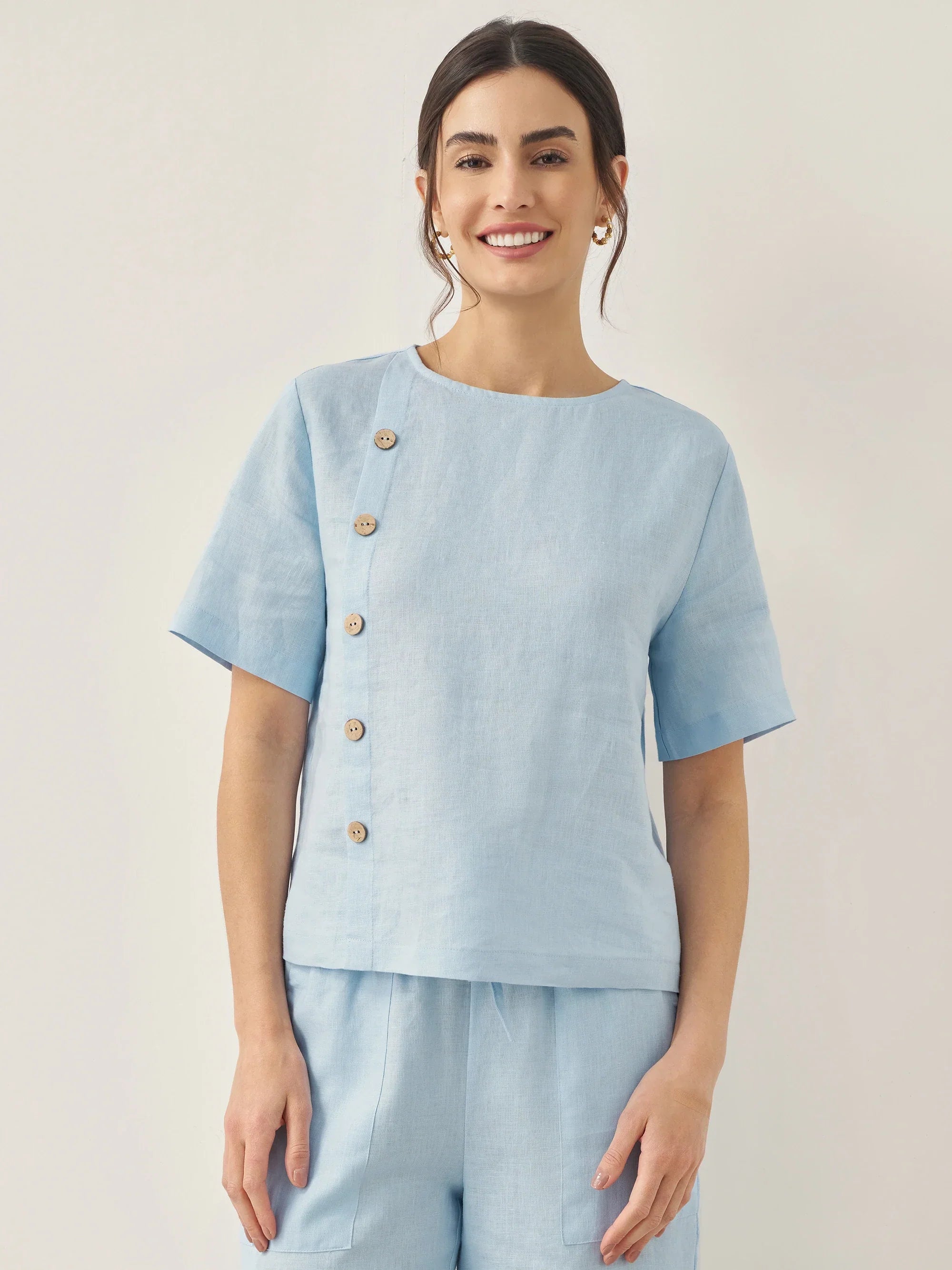 LINTICO 100% Linen Short-Sleeve Round Neck Button Detail Top & Pants Set JOSIE — lifestyle worn / used context