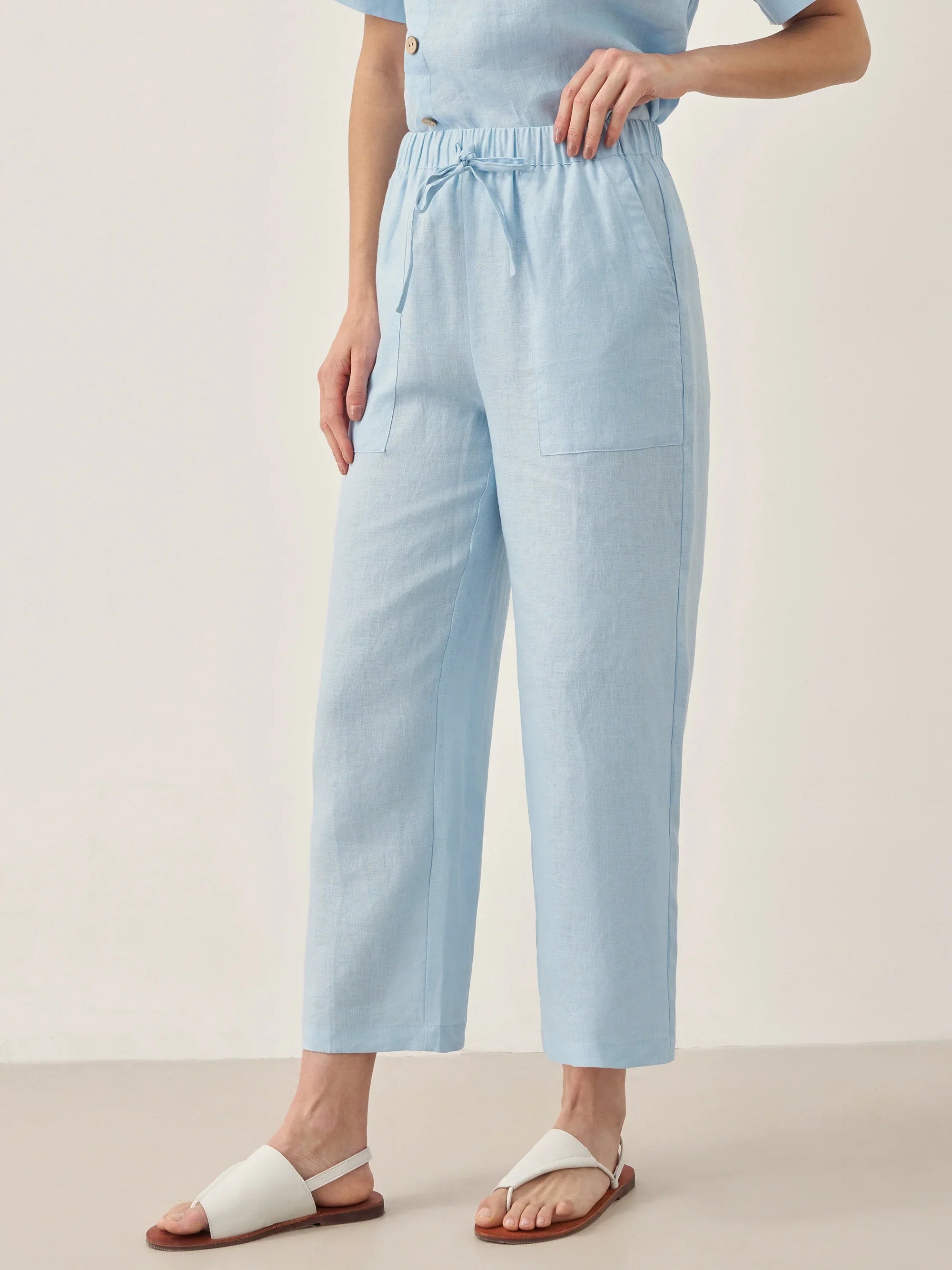 LINTICO 100% Linen Short-Sleeve Round Neck Button Detail Top & Pants Set JOSIE — main product shot