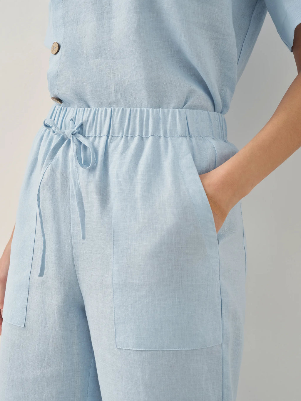 LINTICO 100% Linen Short-Sleeve Round Neck Button Detail Top & Pants Set JOSIE — feature highlight