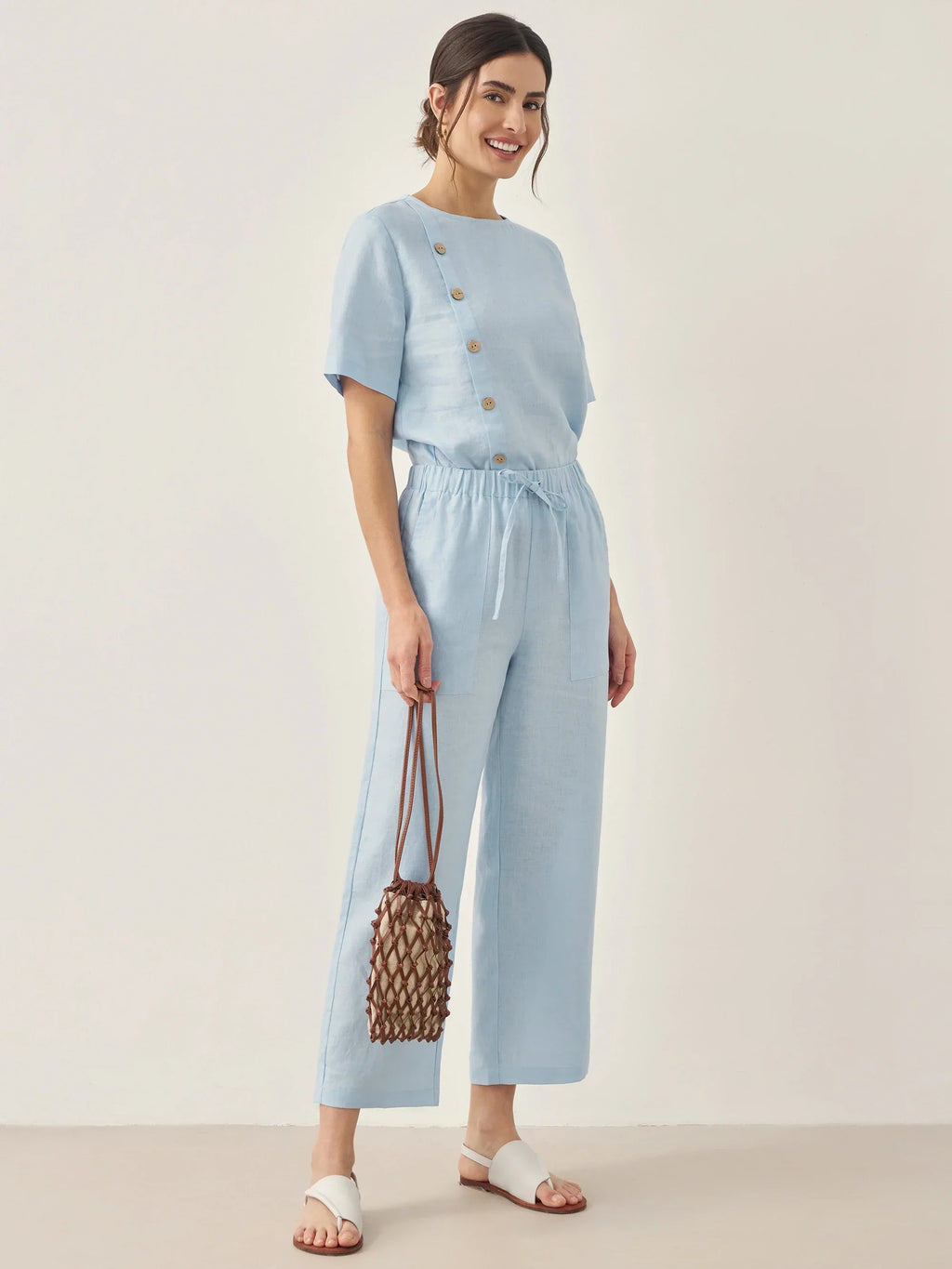 LINTICO 100% Linen Short-Sleeve Round Neck Button Detail Top & Pants Set JOSIE — LINTICO branding close-up
