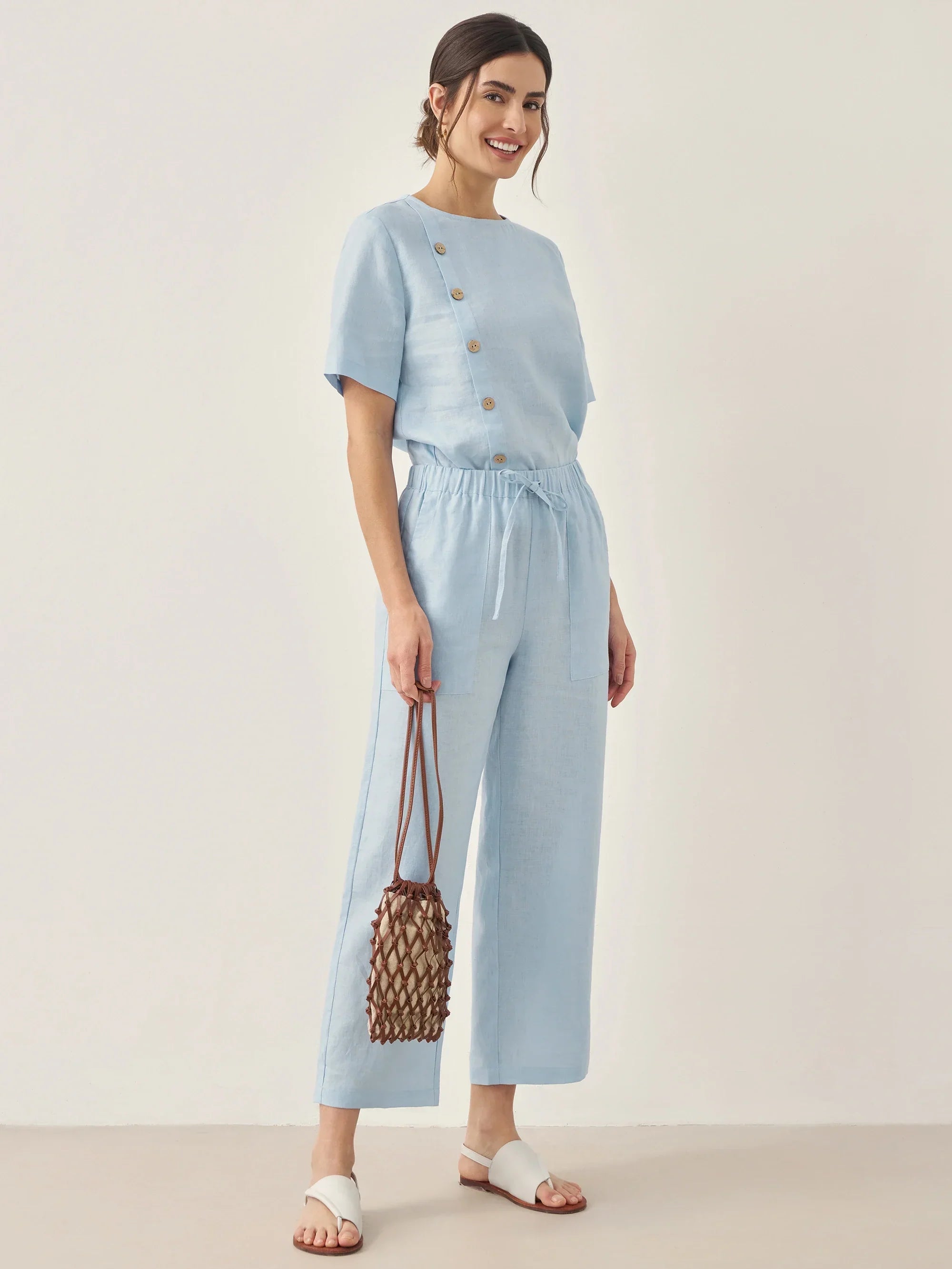 LINTICO 100% Linen Short-Sleeve Round Neck Button Detail Top & Pants Set JOSIE — LINTICO branding close-up
