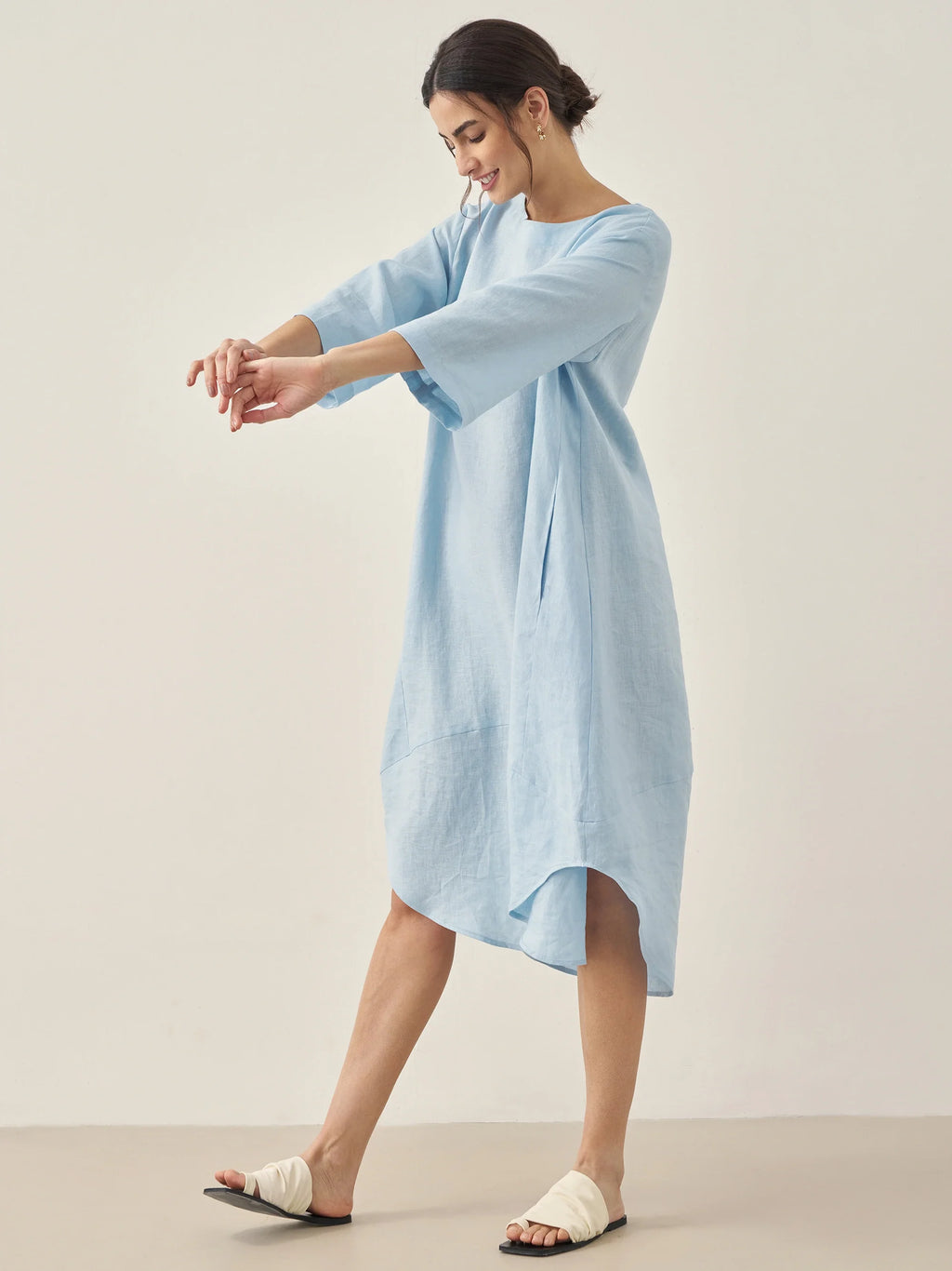 LINTICO LINTICO 100% Linen Bateau Neck Midi Dress BROOKE — lifestyle worn / used context