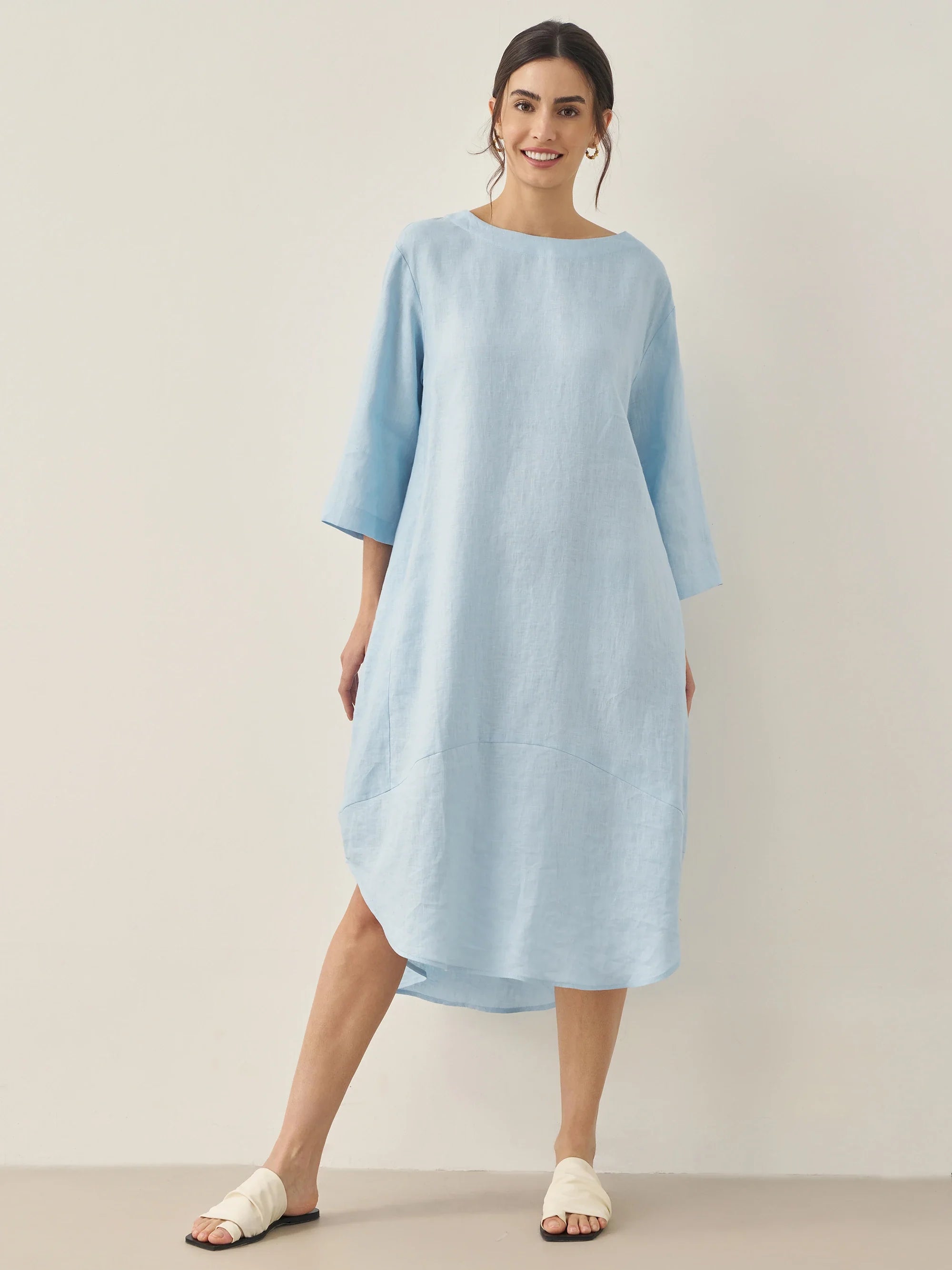 LINTICO LINTICO 100% Linen Bateau Neck Midi Dress BROOKE — LINTICO branding close-up