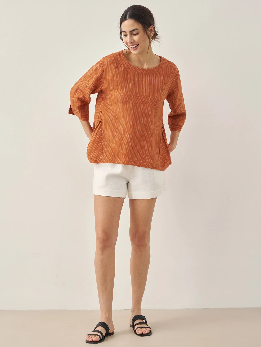 LINTICO 100% Linen Round Neck Artistic Stripe Top FLORENCE — main product shot