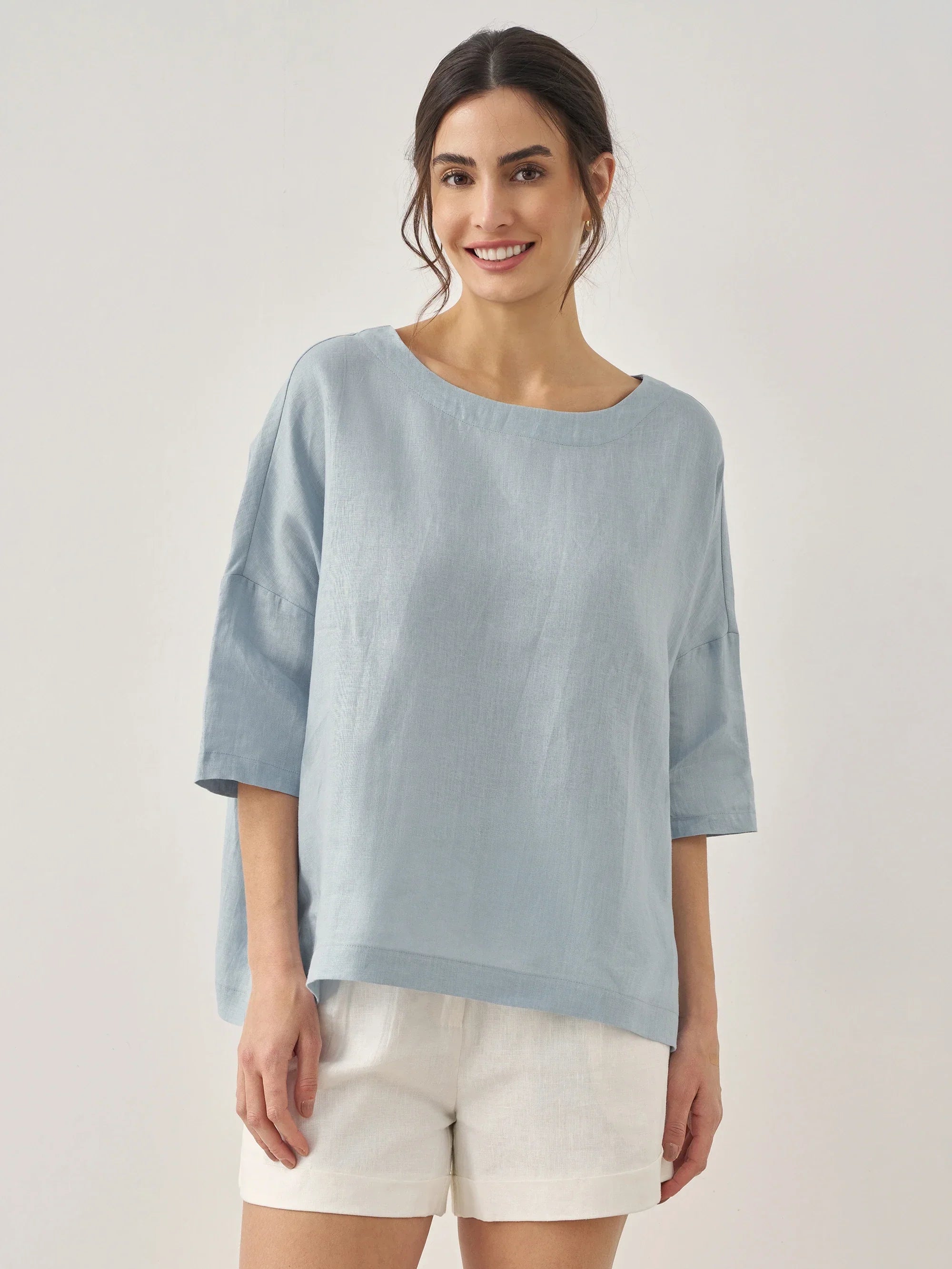 LINTICO 100% Linen Boatneck 3/4 Length Sleeve Top AURORA — main product shot