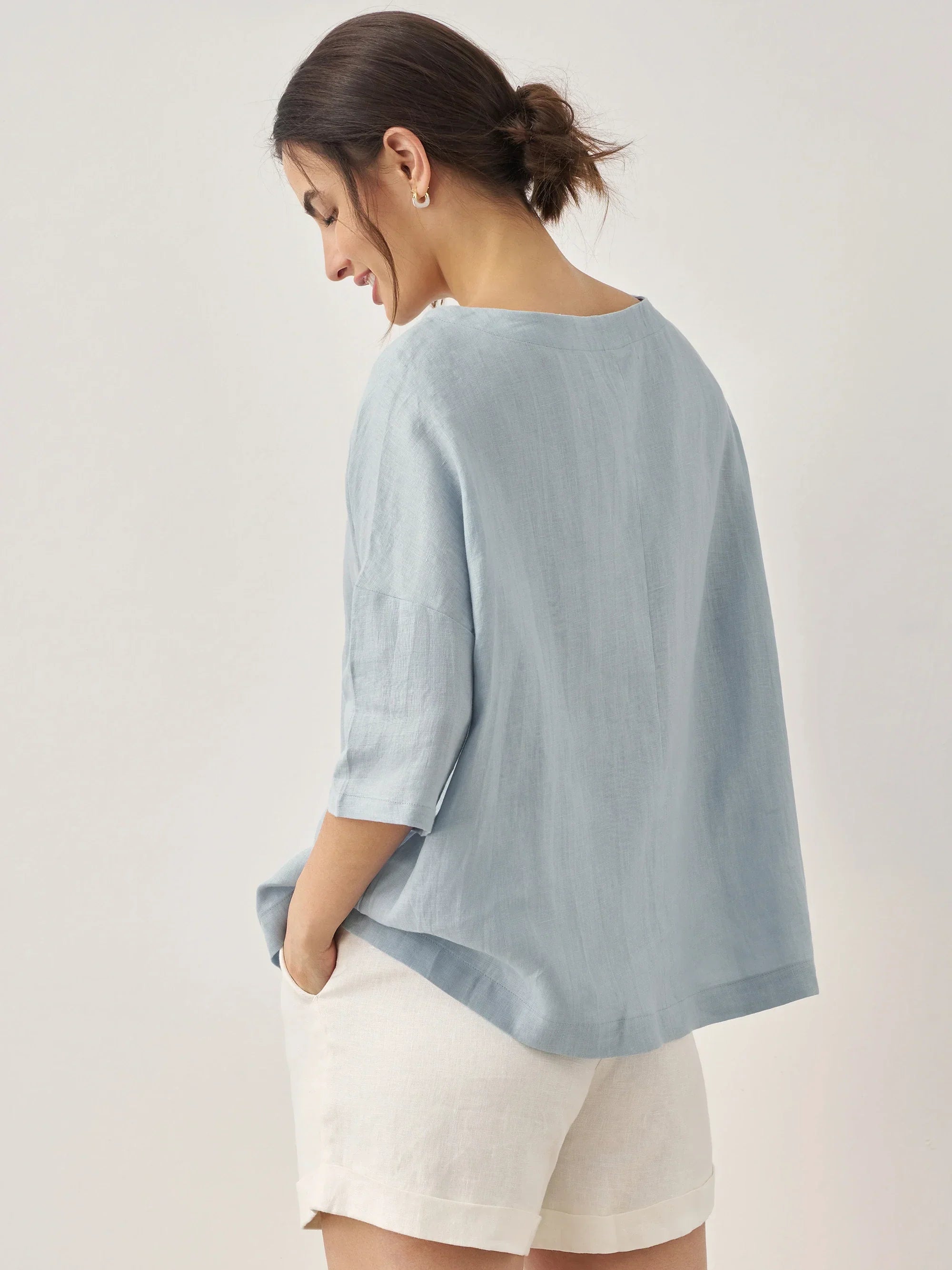 100% Linen Boatneck 3/4 Length Sleeve Top AURORA