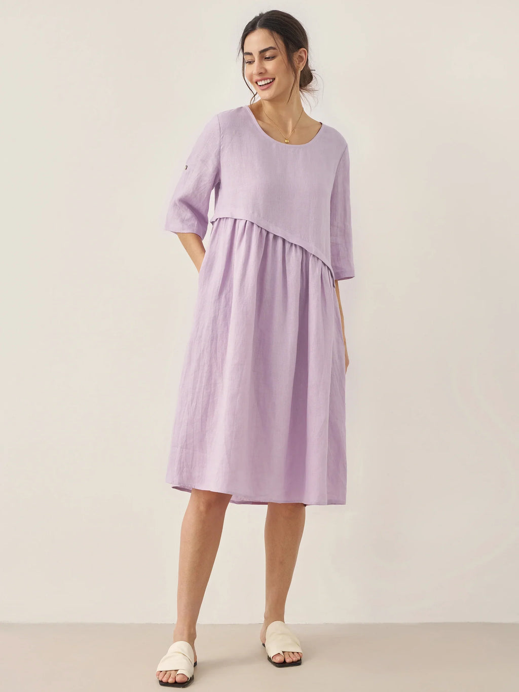 LINTICO 100% Linen Asymmetrical Pleated Round Neck Midi Dress YOLANDA — main product shot
