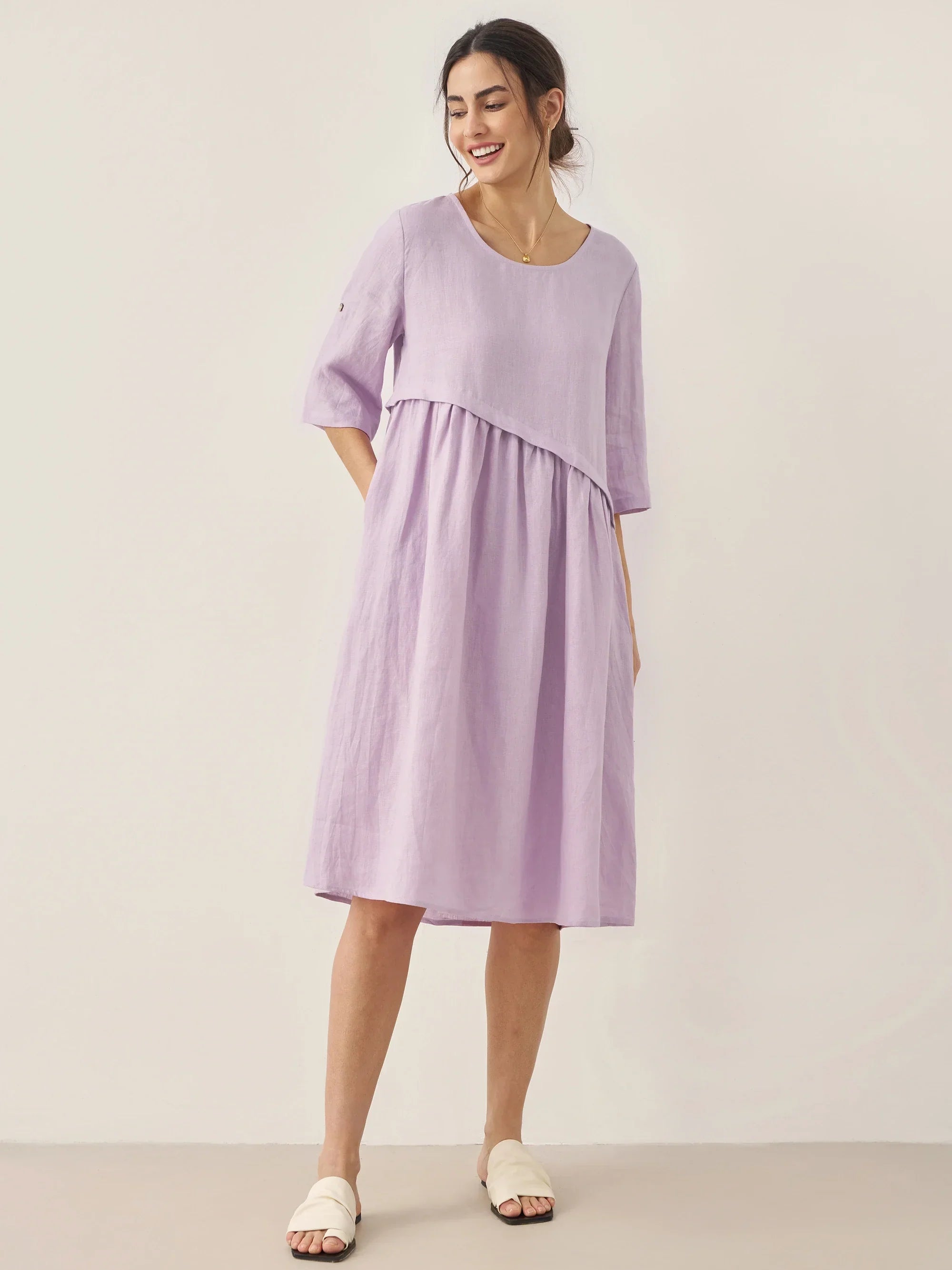 LINTICO 100% Linen Asymmetrical Pleated Round Neck Midi Dress YOLANDA — main product shot