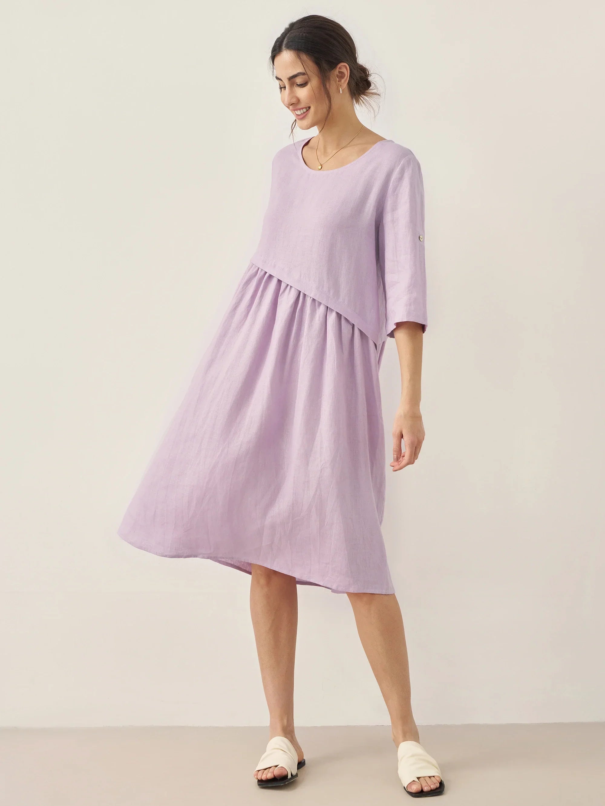 LINTICO 100% Linen Asymmetrical Pleated Round Neck Midi Dress YOLANDA — construction detail