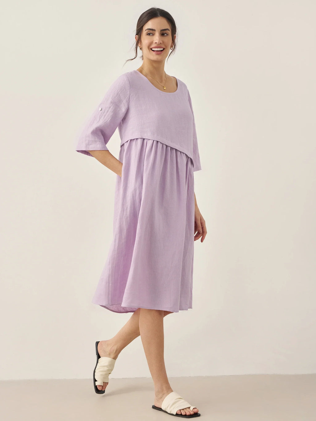 LINTICO 100% Linen Asymmetrical Pleated Round Neck Midi Dress YOLANDA — detail shot 6