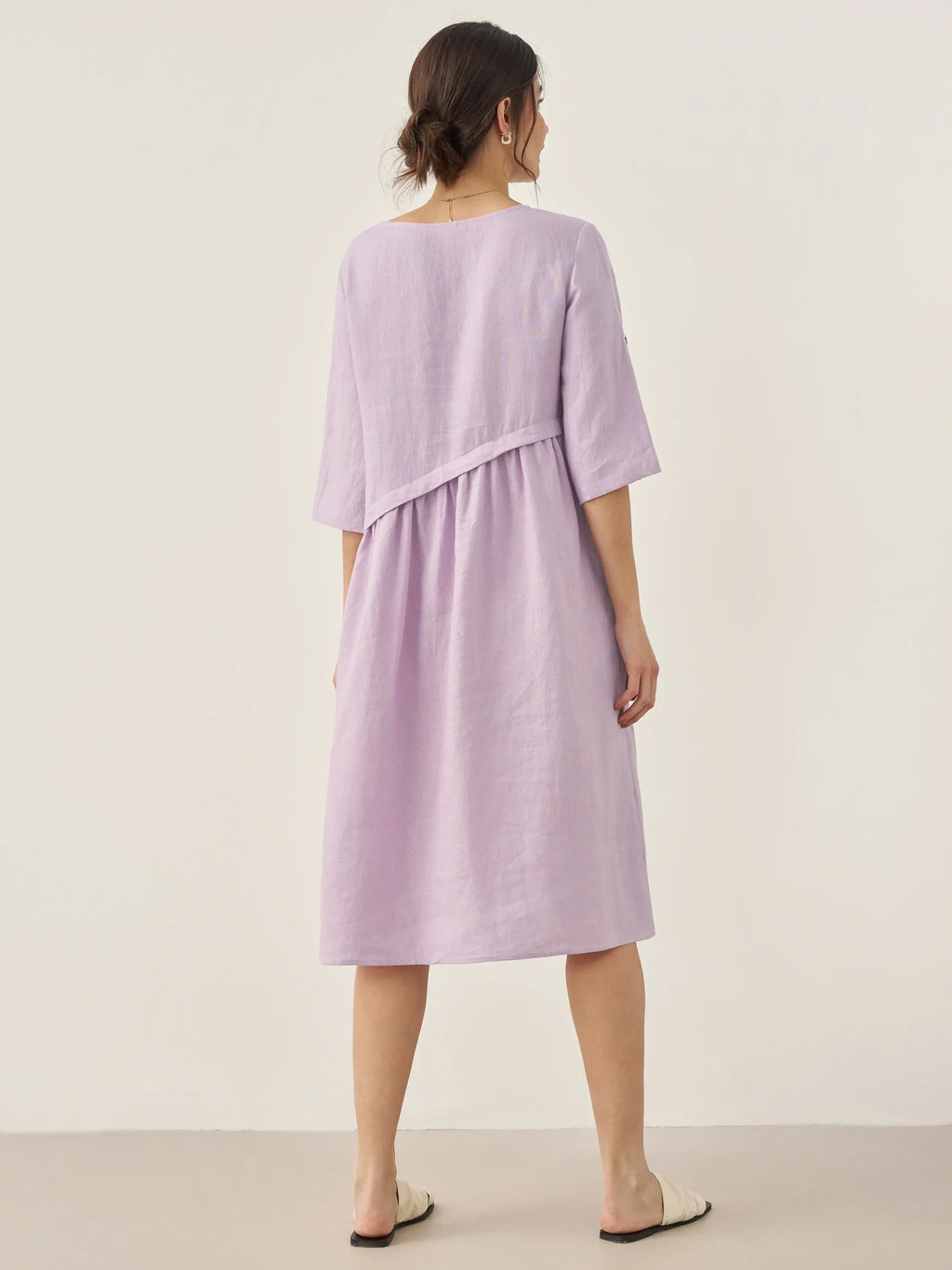 LINTICO 100% Linen Asymmetrical Pleated Round Neck Midi Dress YOLANDA — dresses-midi dresses-linen category context