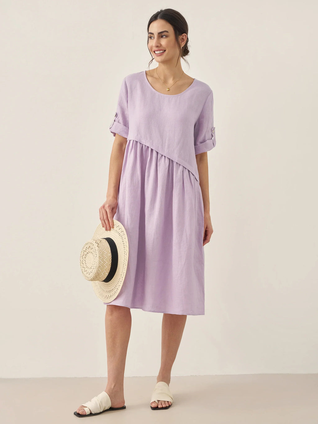 LINTICO 100% Linen Asymmetrical Pleated Round Neck Midi Dress YOLANDA — lifestyle worn / used context