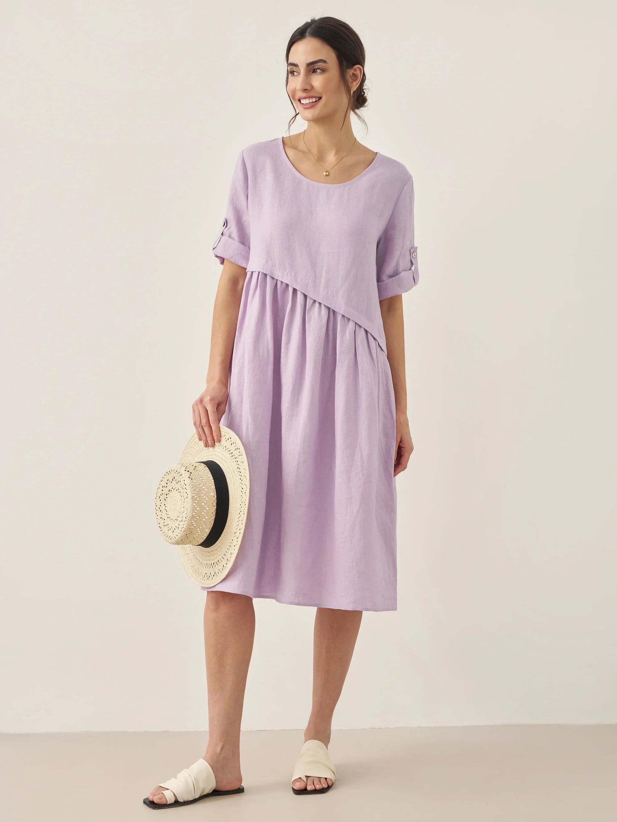 LINTICO 100% Linen Asymmetrical Pleated Round Neck Midi Dress YOLANDA — lifestyle worn / used context