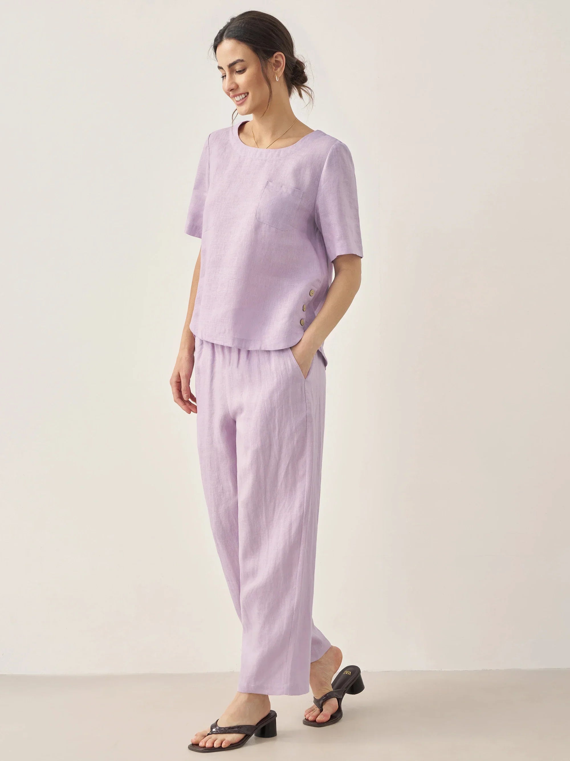 LINTICO 100% Linen Short-Sleeve Round Neck Button Detail Top & Pants Set SASHA — construction detail