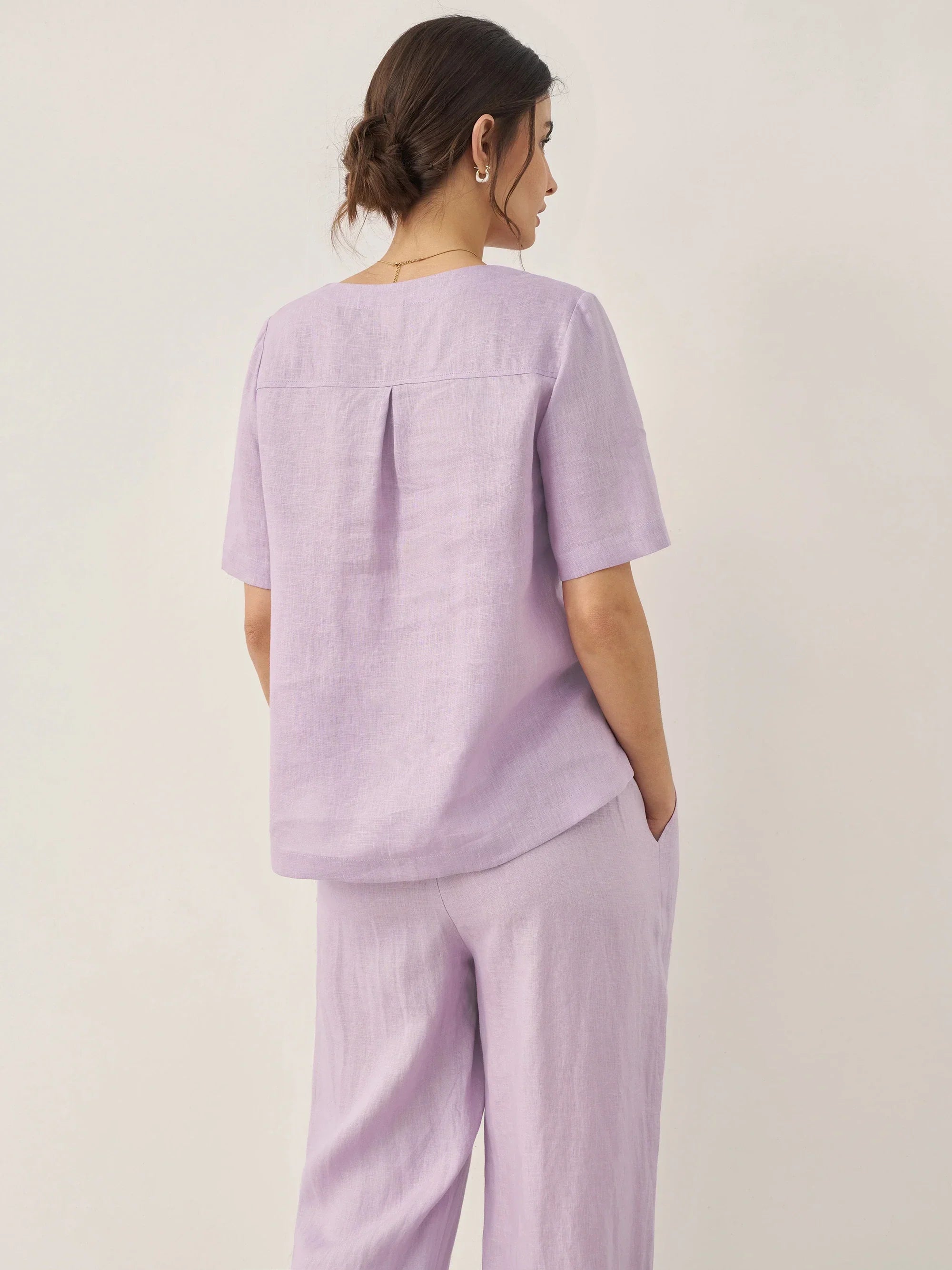 LINTICO 100% Linen Short-Sleeve Round Neck Button Detail Top & Pants Set SASHA — detail shot 6