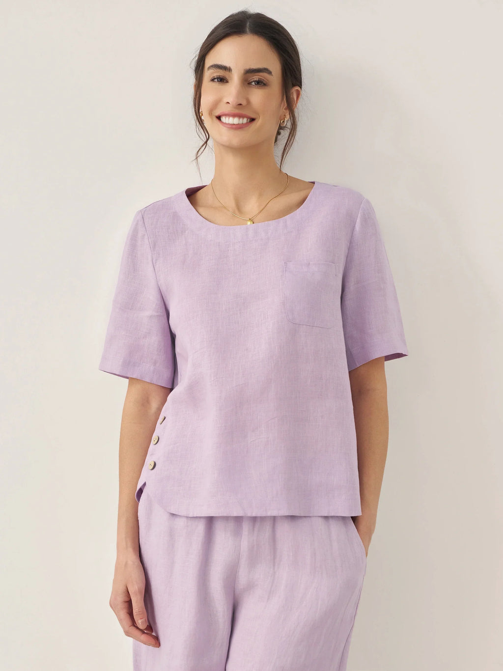 LINTICO 100% Linen Short-Sleeve Round Neck Button Detail Top & Pants Set SASHA — lifestyle worn / used context