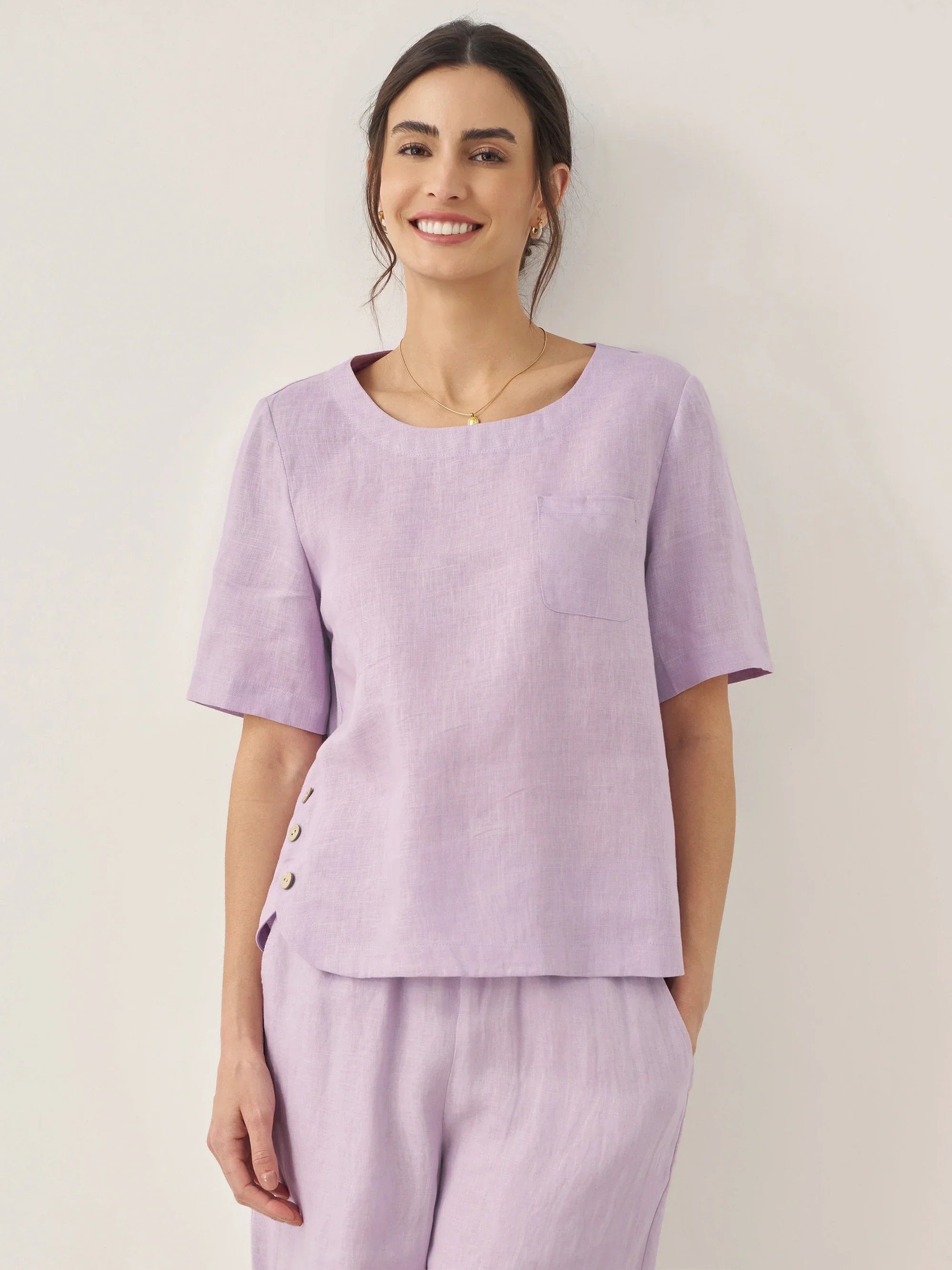 LINTICO 100% Linen Short-Sleeve Round Neck Button Detail Top & Pants Set SASHA — lifestyle worn / used context