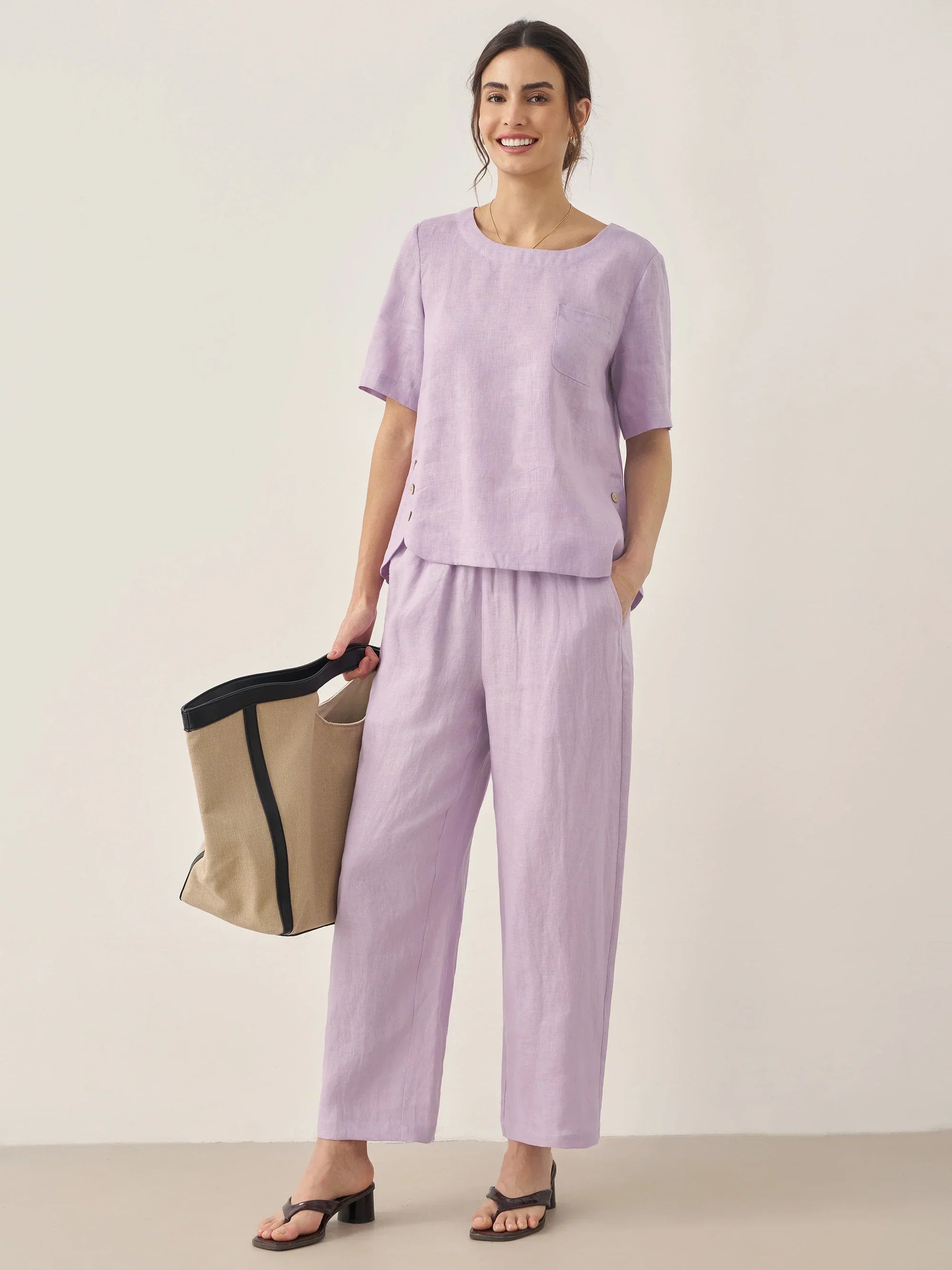 LINTICO 100% Linen Short-Sleeve Round Neck Button Detail Top & Pants Set SASHA — LINTICO branding close-up