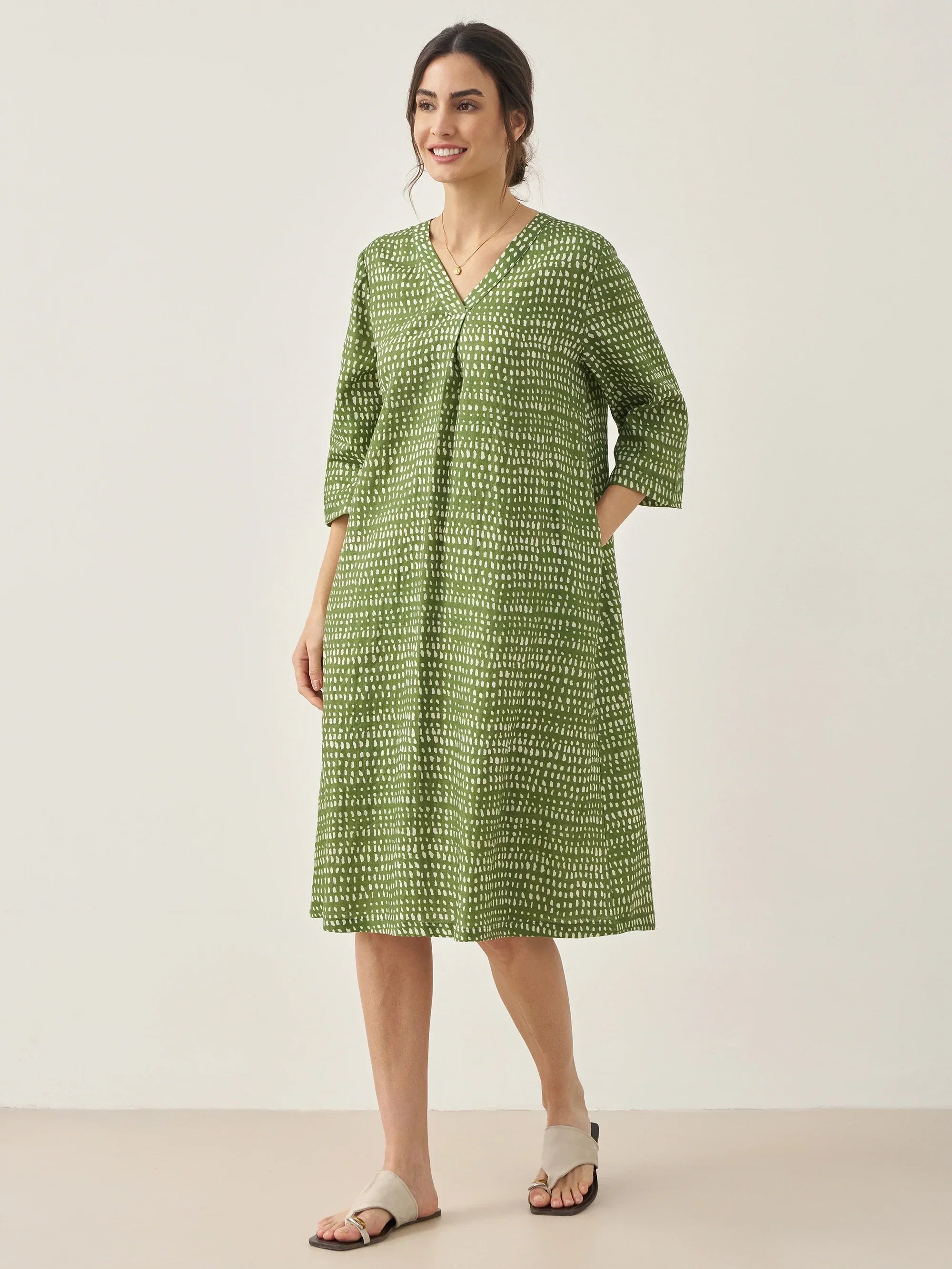 LINTICO 100% Linen V-Neck Dot Midi Dress LIRA — dresses-midi dresses-linen category context