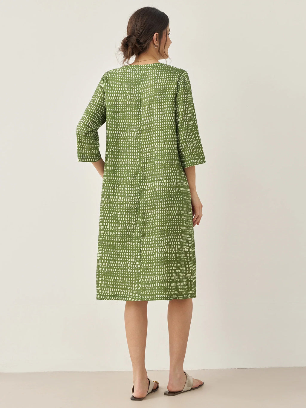 LINTICO 100% Linen V-Neck Dot Midi Dress LIRA — lifestyle worn / used context