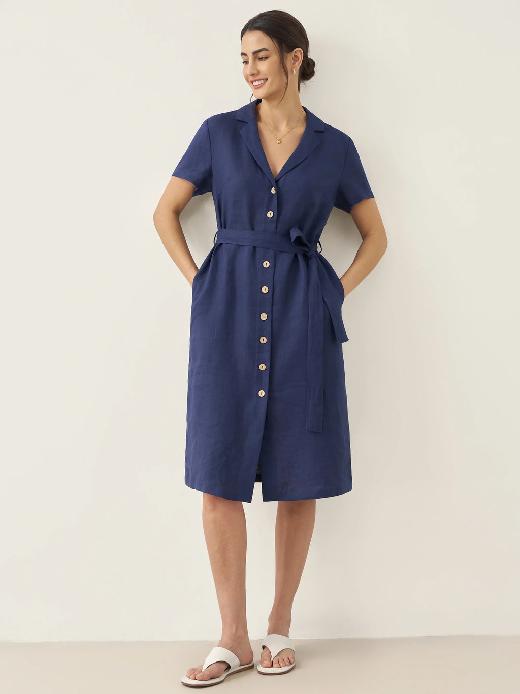 LINTICO LINTICO 100% Linen V-Neck Button-Front Shirt Dress EILEEN — dresses-midi dresses-linen category context