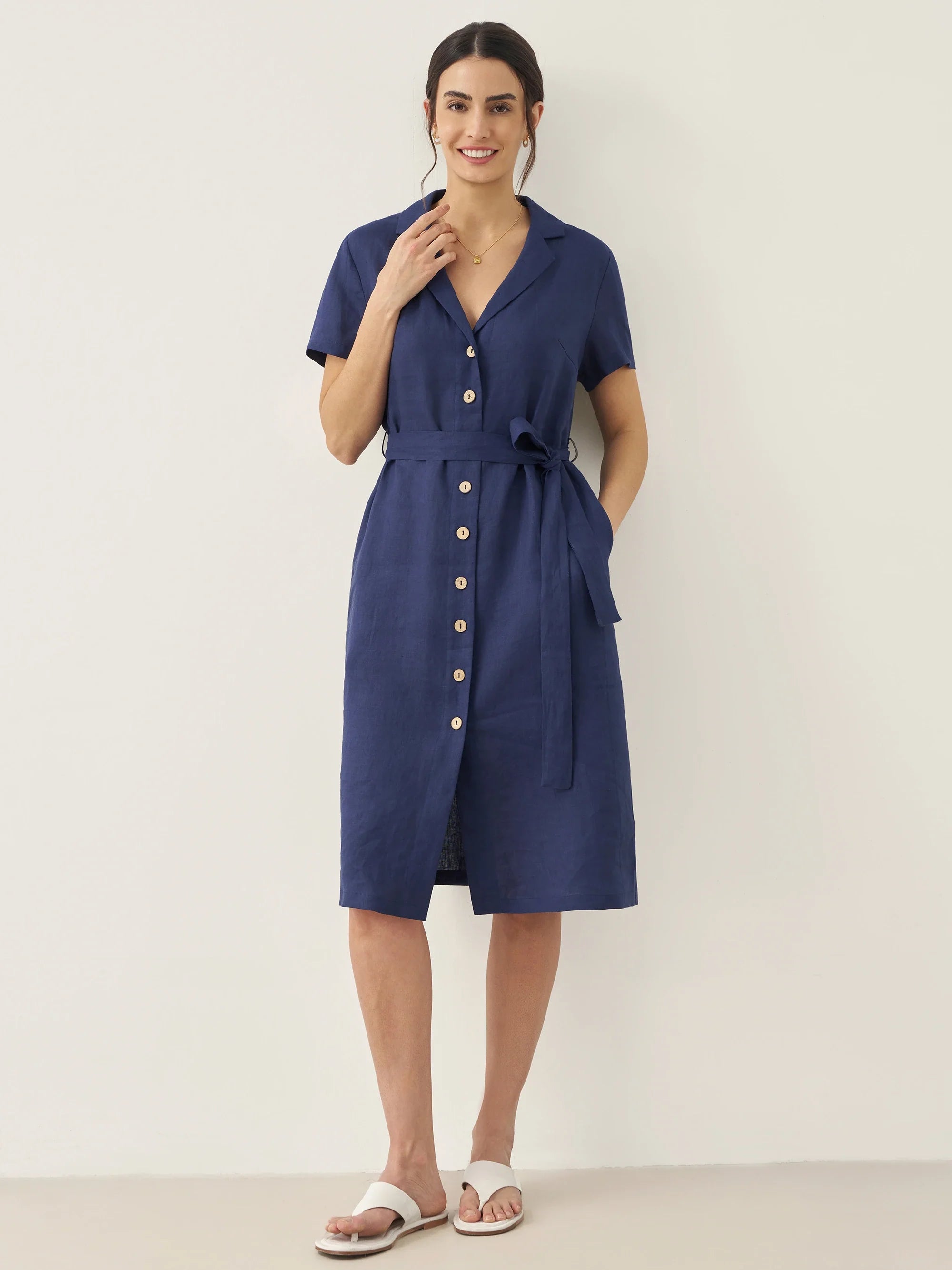 LINTICO LINTICO 100% Linen V-Neck Button-Front Shirt Dress EILEEN — main product shot