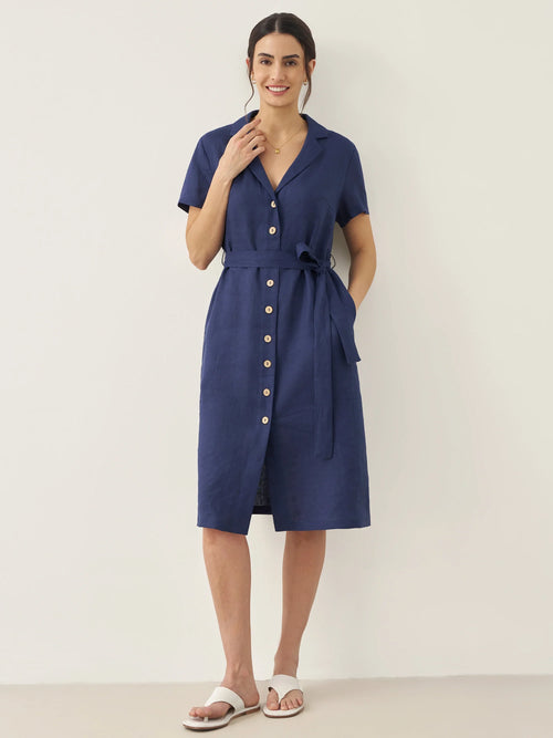 LINTICO LINTICO 100% Linen V-Neck Button-Front Shirt Dress EILEEN — main product shot