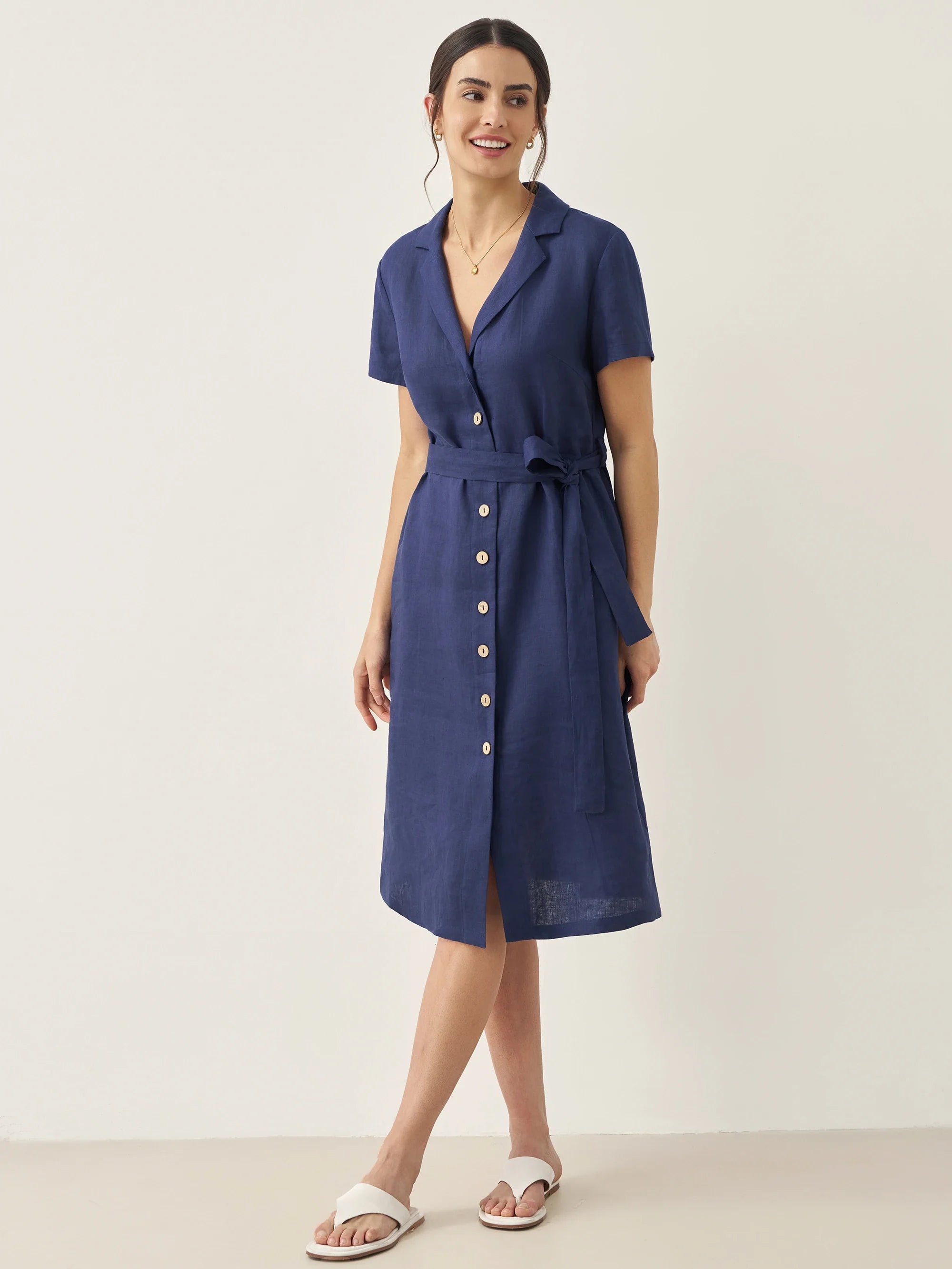 LINTICO LINTICO 100% Linen V-Neck Button-Front Shirt Dress EILEEN — construction detail