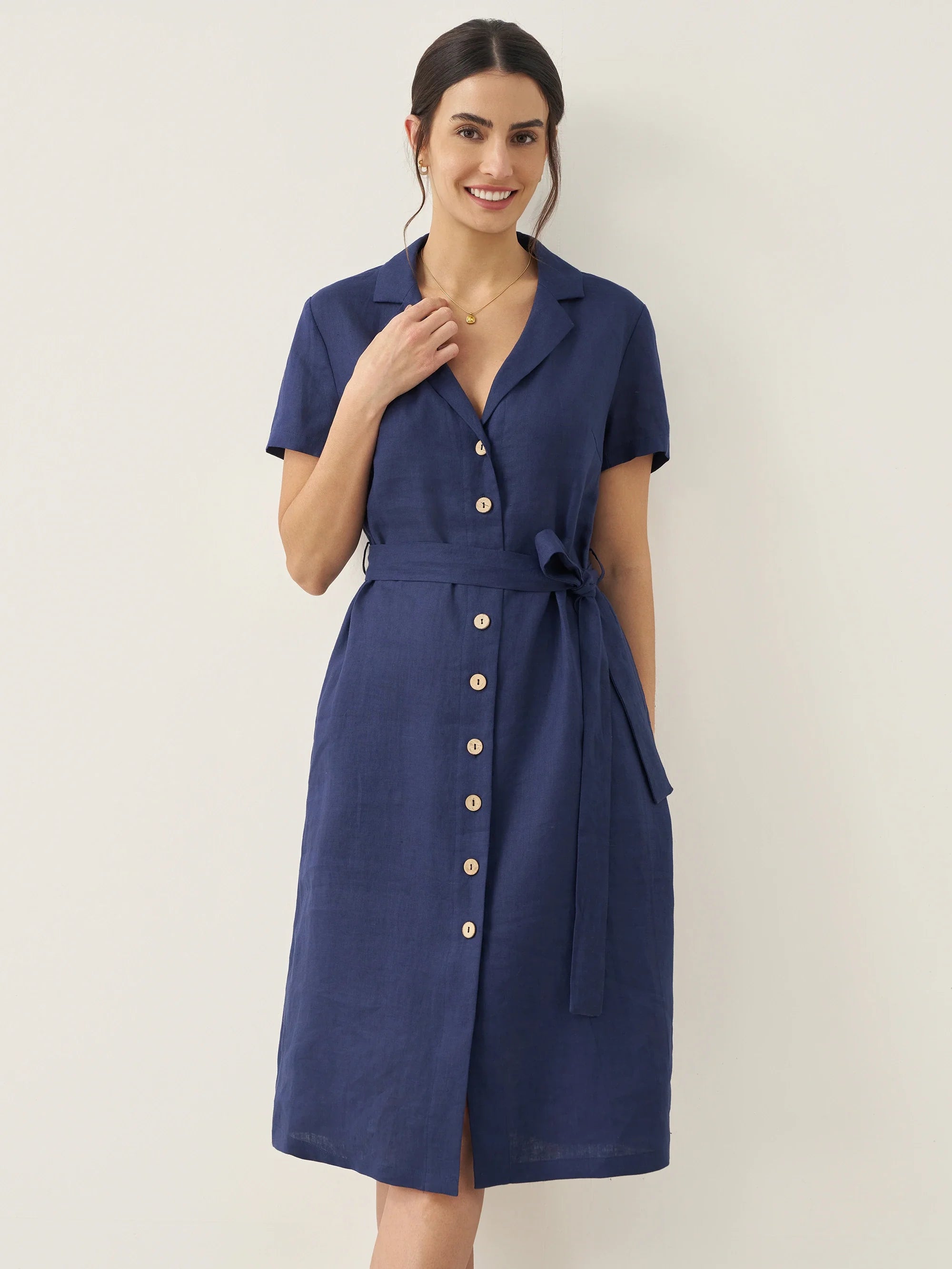 LINTICO LINTICO 100% Linen V-Neck Button-Front Shirt Dress EILEEN — detail shot 7