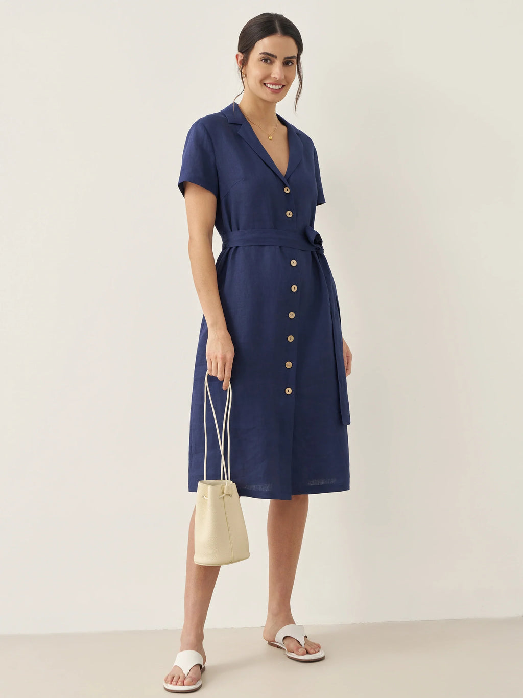 LINTICO LINTICO 100% Linen V-Neck Button-Front Shirt Dress EILEEN — lifestyle worn / used context