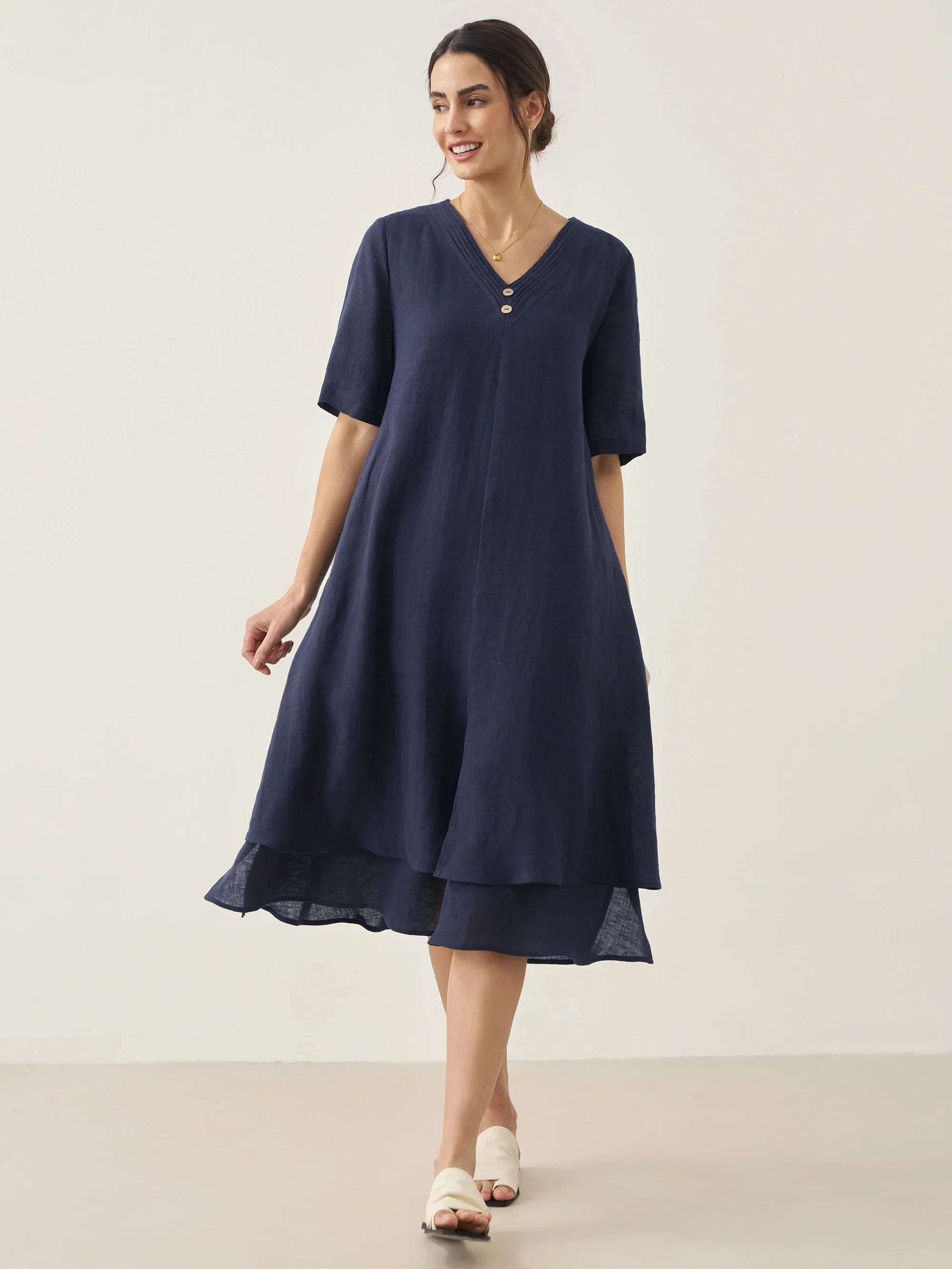 LINTICO 100% Linen V-Neck Double-Layer Midi Dress JAYDA — main product shot