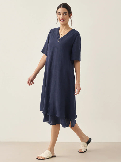 LINTICO 100% Linen V-Neck Double-Layer Midi Dress JAYDA — construction detail