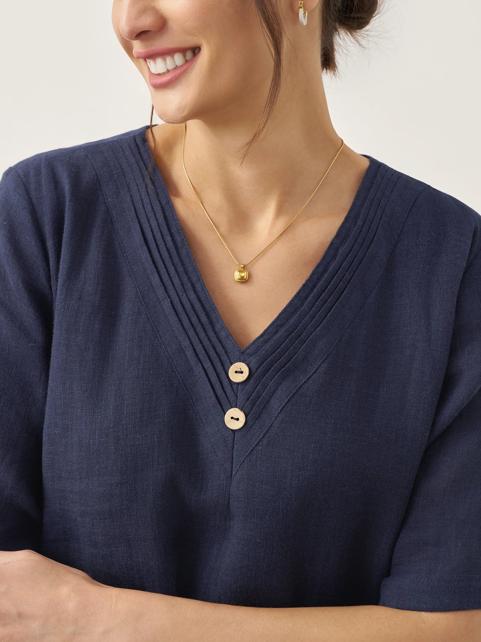 LINTICO 100% Linen V-Neck Double-Layer Midi Dress JAYDA — detail shot 6