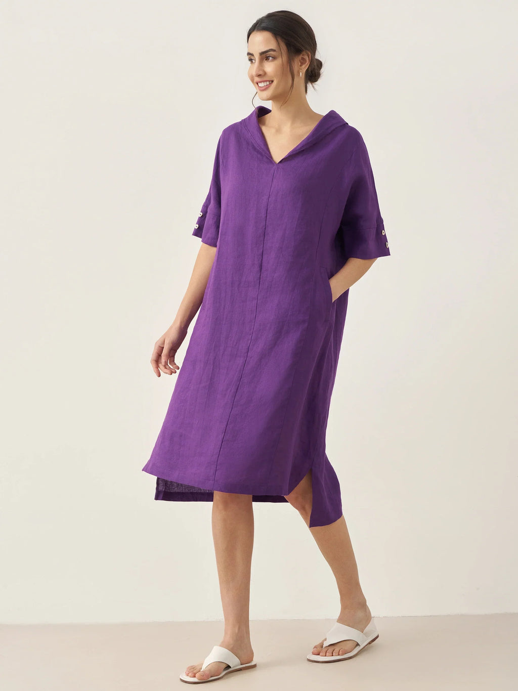 LINTICO LINTICO 100% Linen V-Neck Pullover Midi Dress AUBREY — main product shot