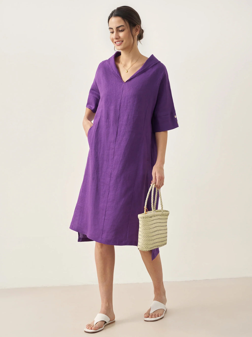 LINTICO LINTICO 100% Linen V-Neck Pullover Midi Dress AUBREY — construction detail