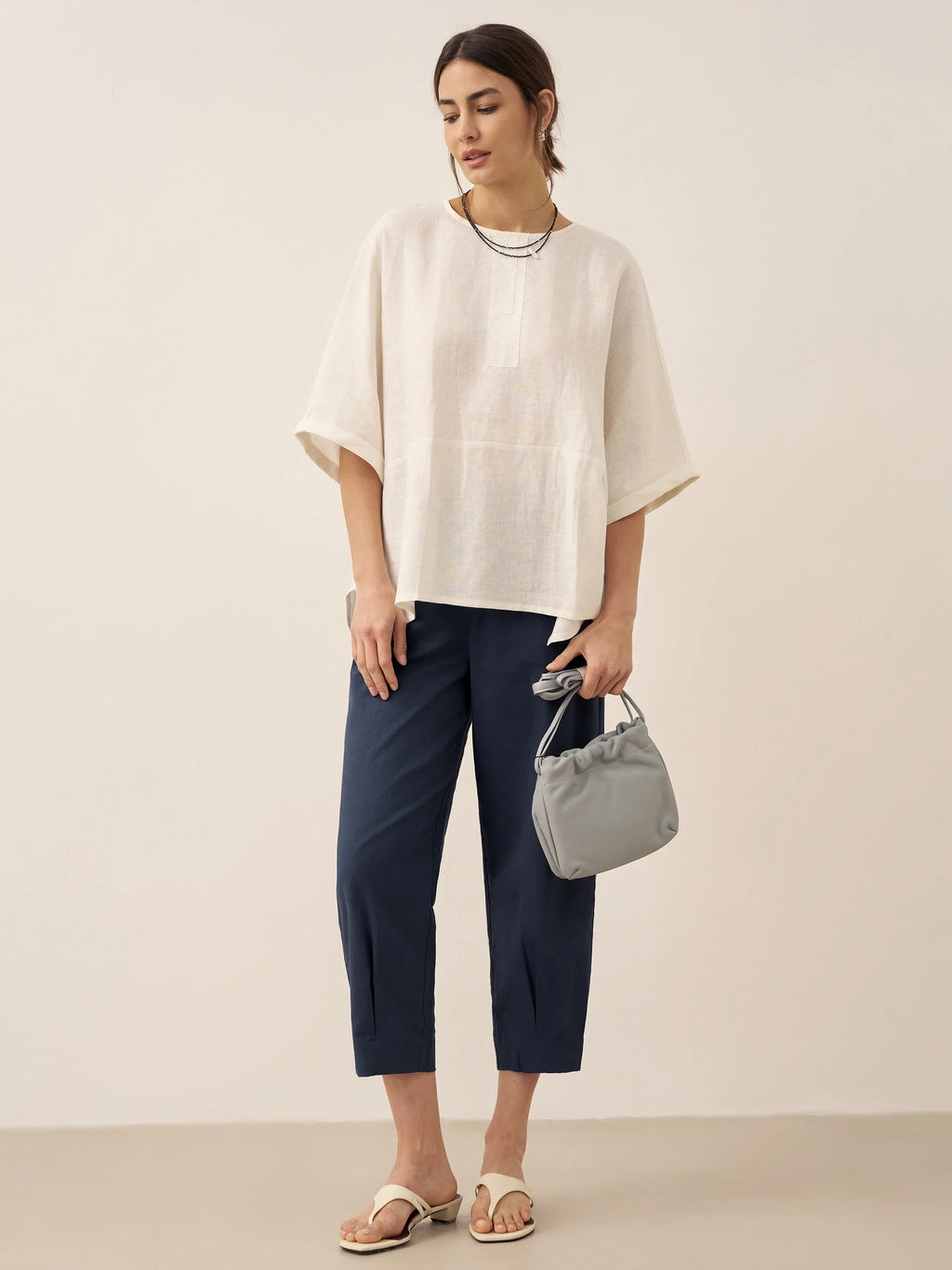 LINTICO LINTICO 100% Linen Round Neck Mid-Sleeve Top ROBYN — lifestyle worn / used context