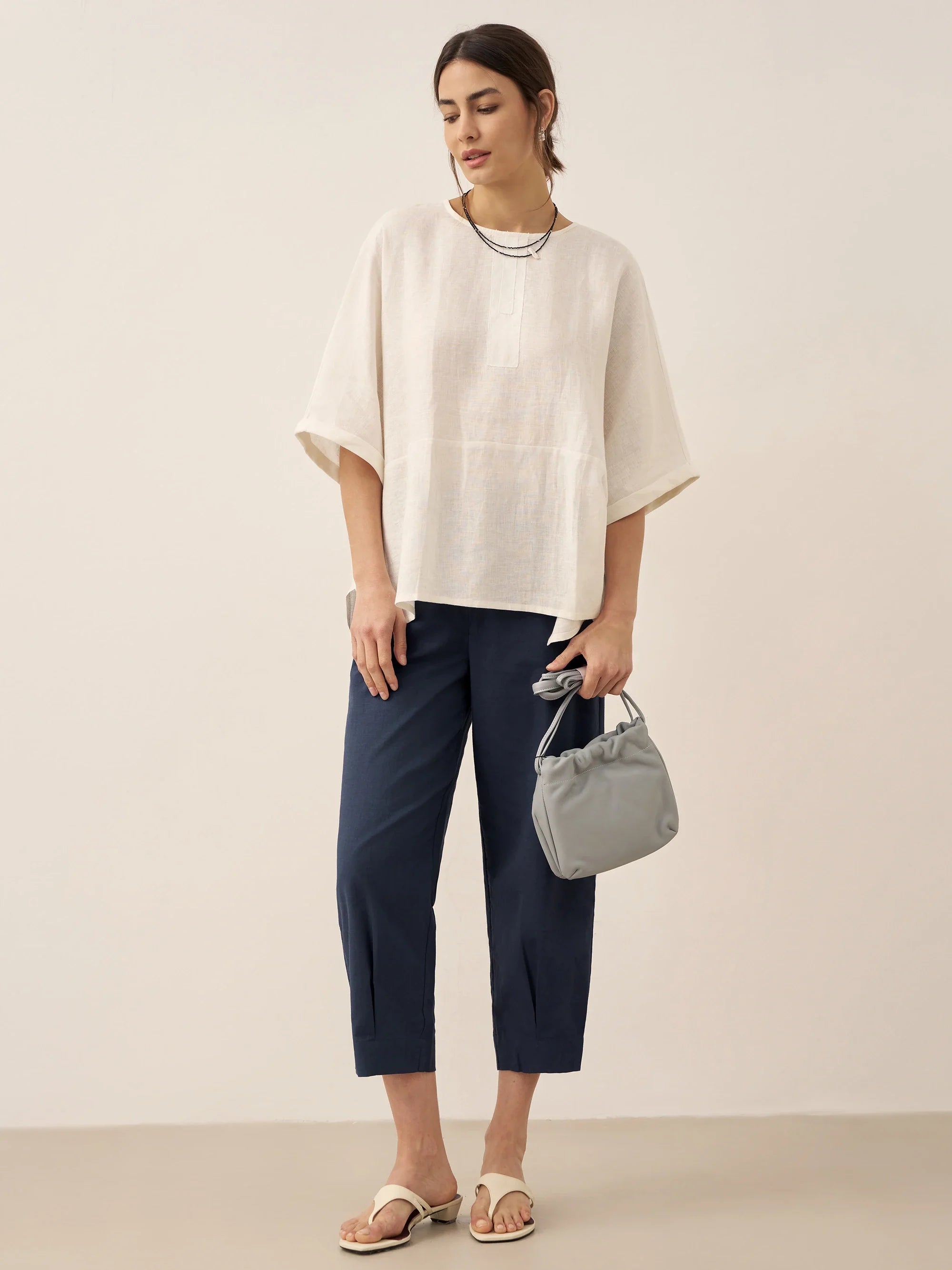 LINTICO LINTICO 100% Linen Round Neck Mid-Sleeve Top ROBYN — lifestyle worn / used context