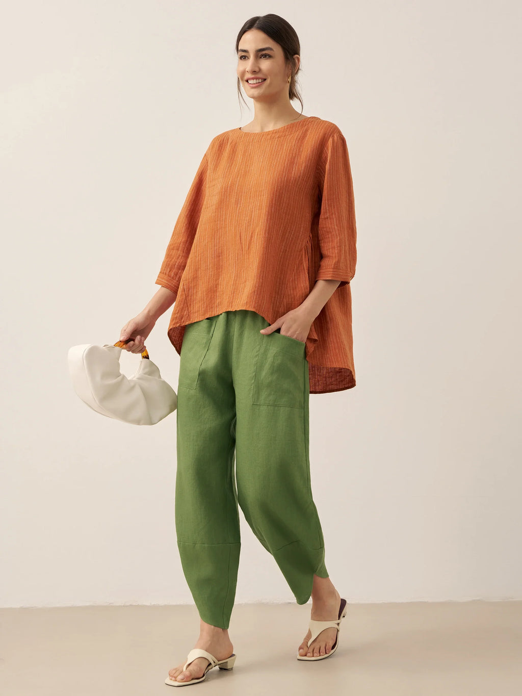 LINTICO 100% Linen Round Neck Artistic Stripe Top FLORENCE — product on model