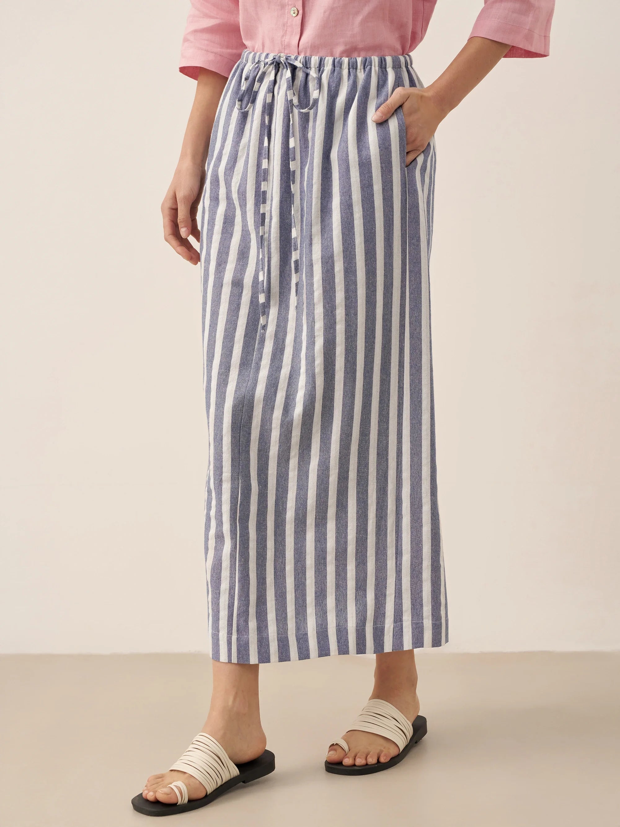 LINTICO Linen Striped Drawstring Skirt ELISE — construction detail