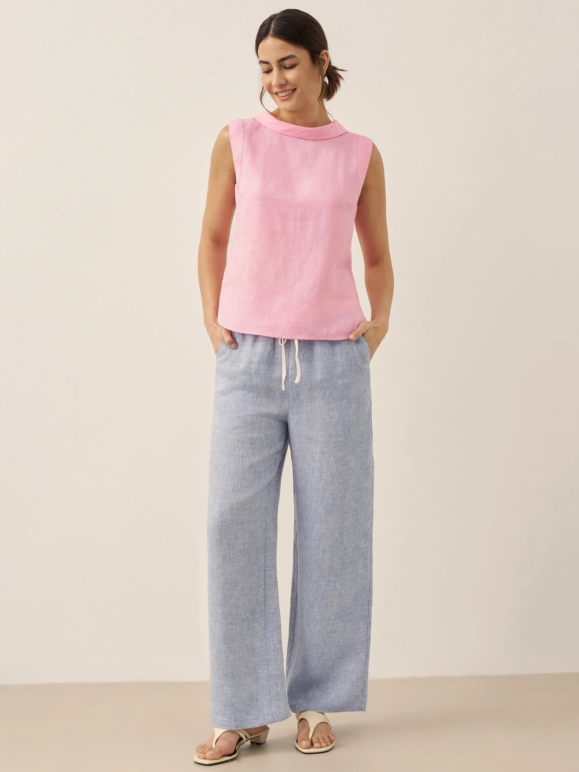 LINTICO 100% Linen Draped Collar Tank Top — lifestyle worn / used context