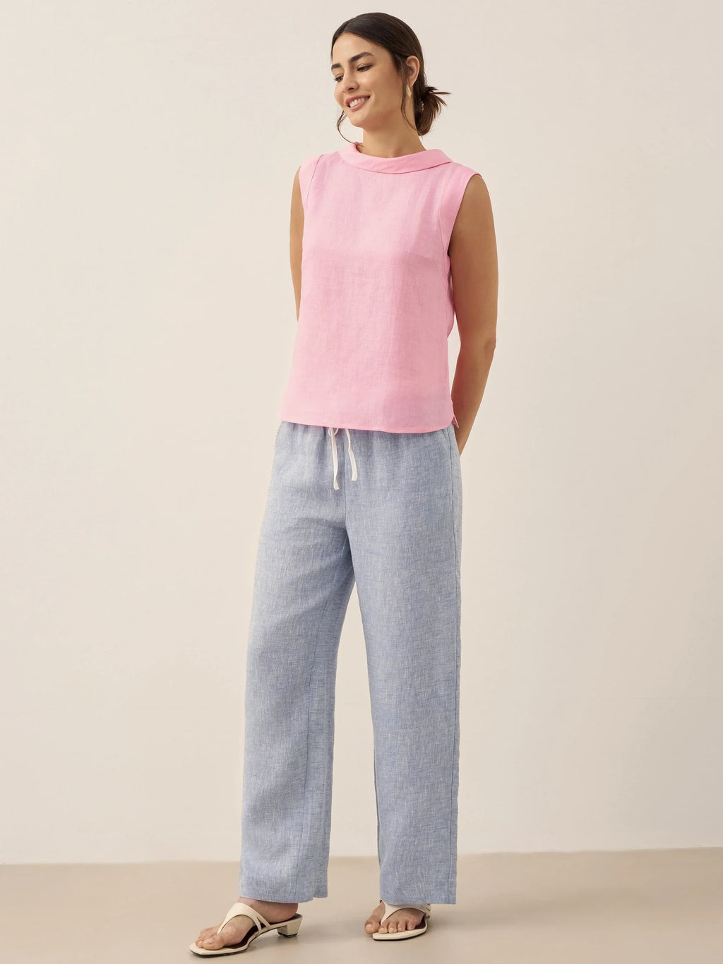 LINTICO 100% Linen Draped Collar Tank Top JACQUELINE — detail close-up
