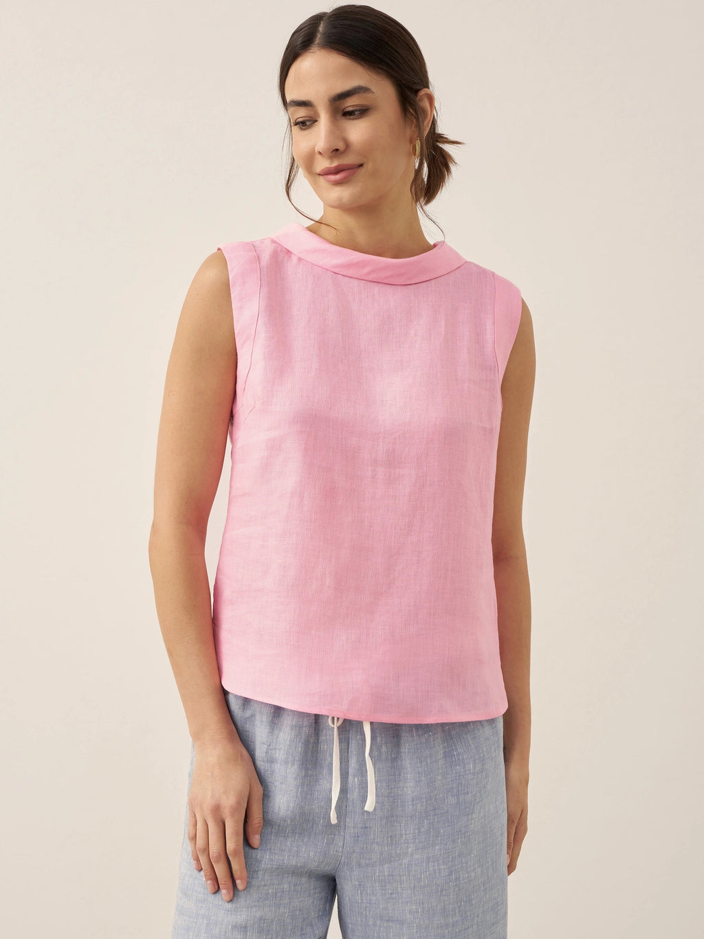 LINTICO 100% Linen Draped Collar Tank Top JACQUELINE — product on model