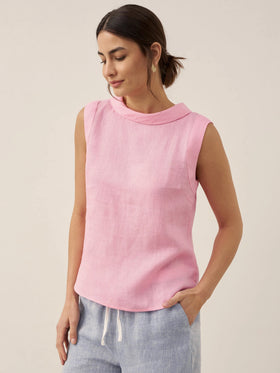 100% Linen Draped Collar Tank Top