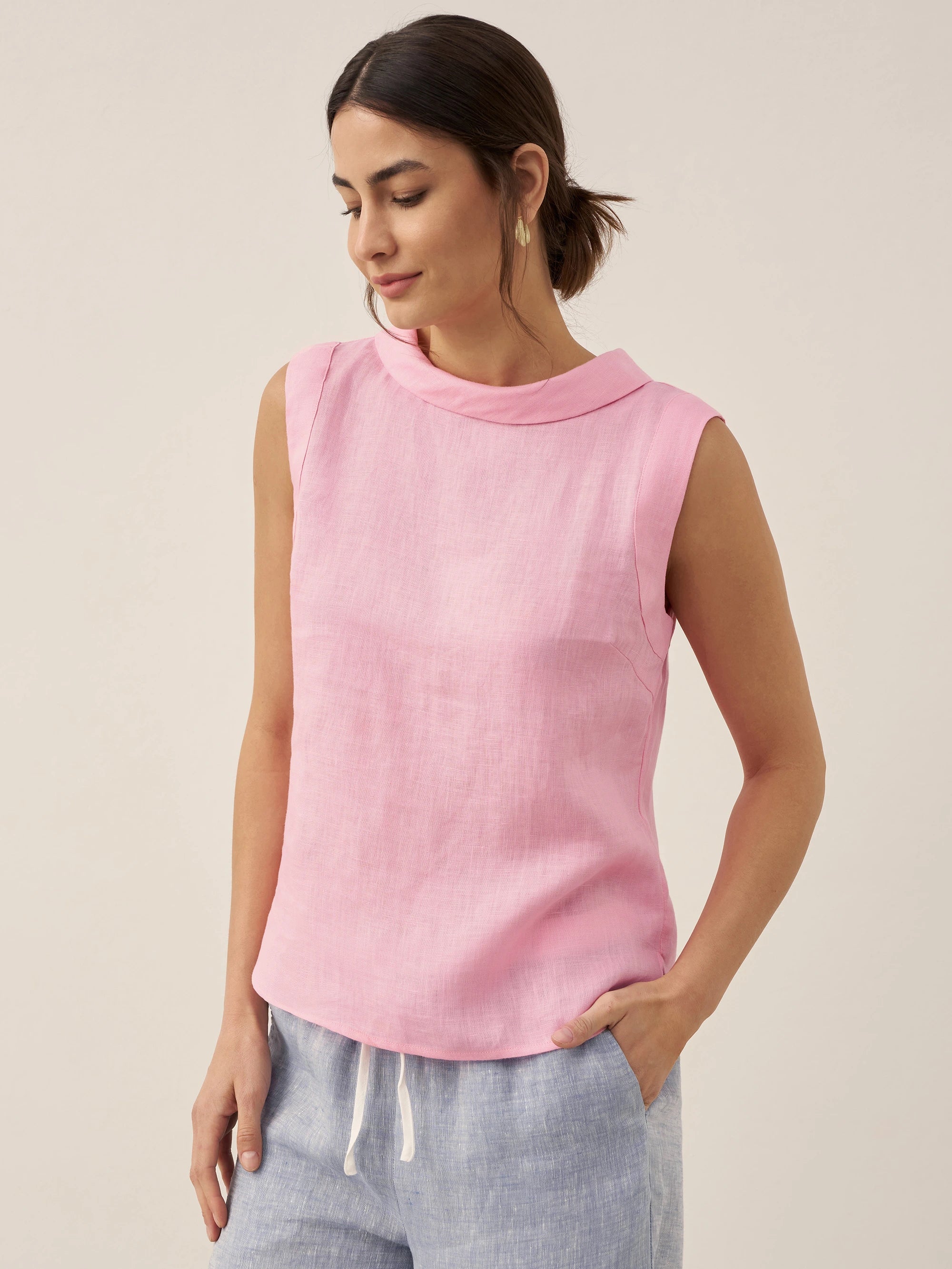 LINTICO 100% Linen Draped Collar Tank Top JACQUELINE — feature highlight