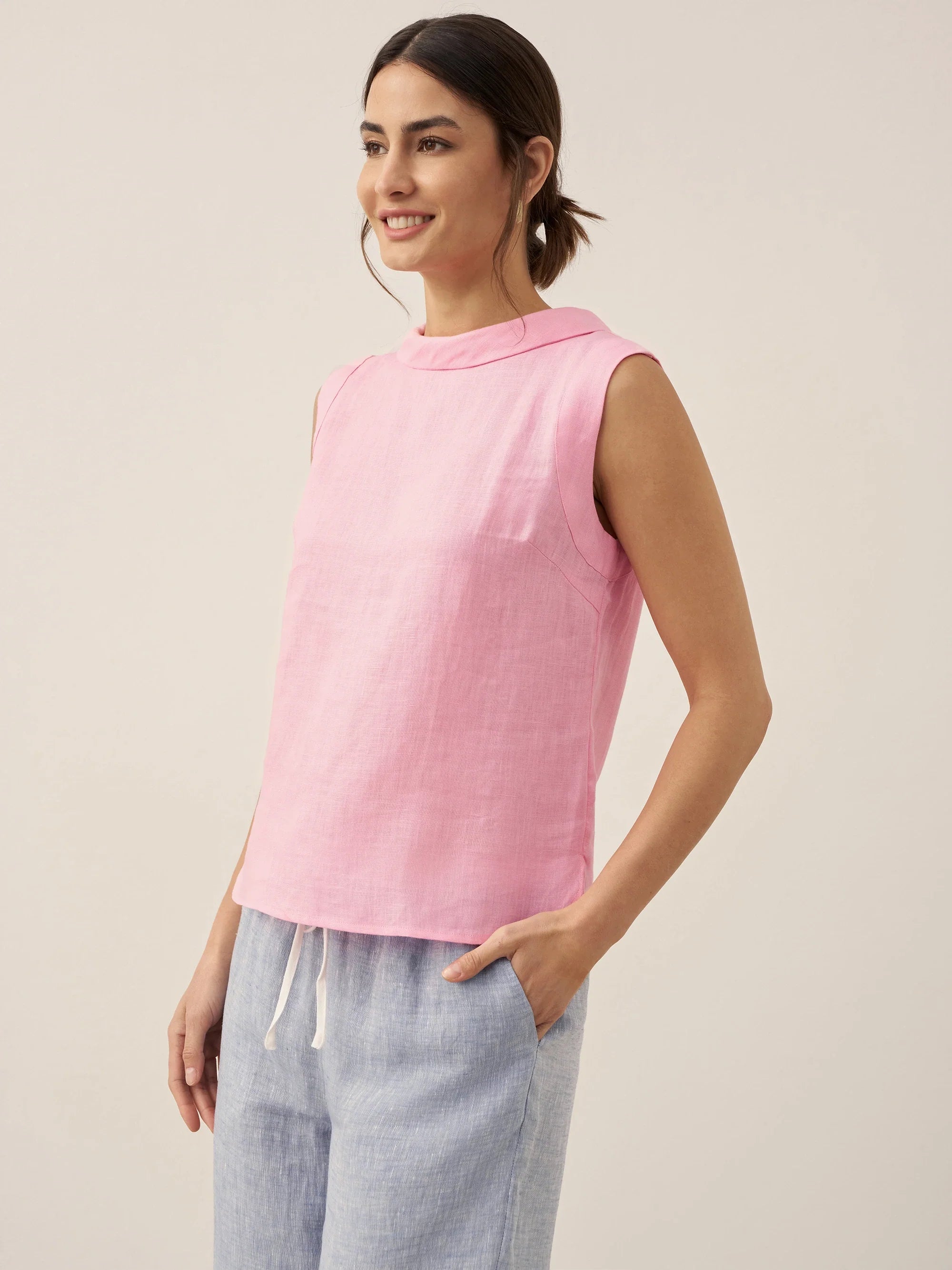 LINTICO 100% Linen Draped Collar Tank Top — LINTICO branding close-up