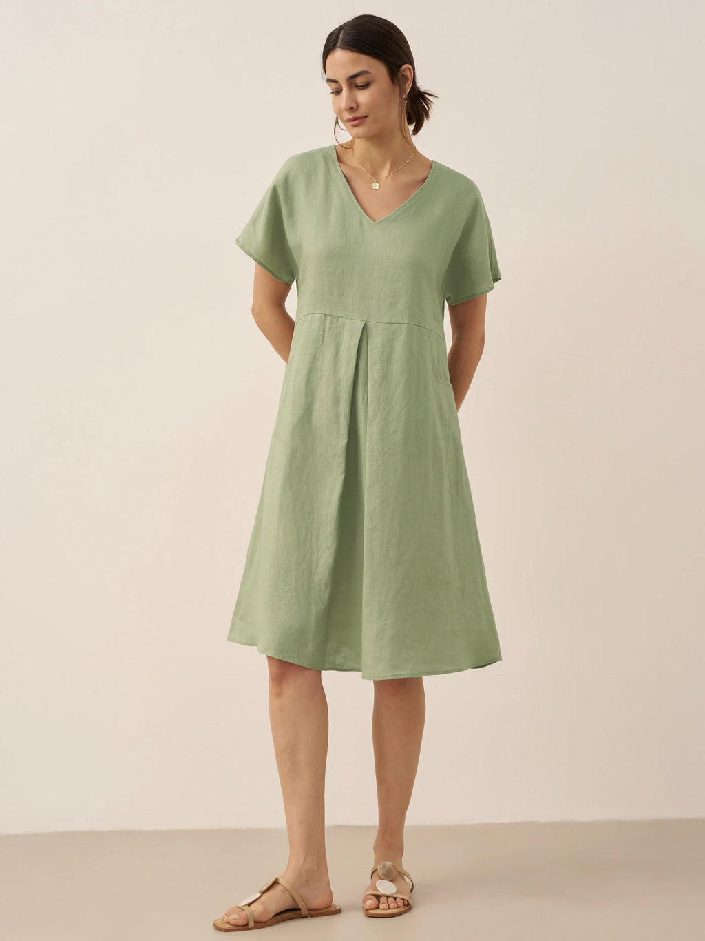 LINTICO 100% Linen V-Neck Pockets Swing Dress AINSLEY — dresses-midi dresses-linen category context