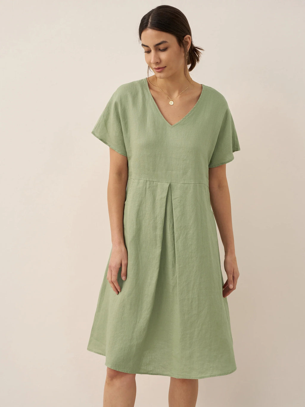 LINTICO 100% Linen V-Neck Pockets Swing Dress AINSLEY — detail shot 6