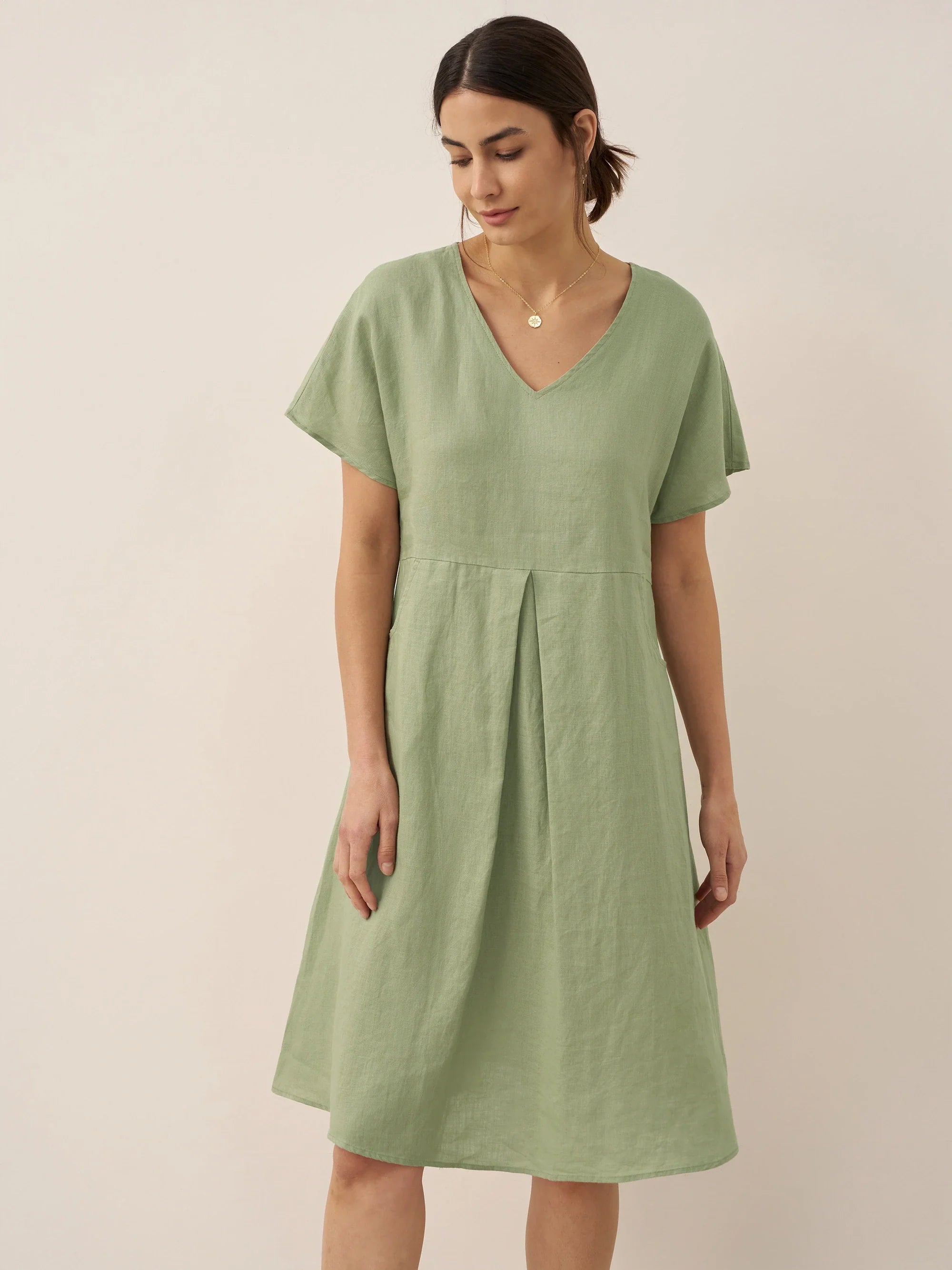 LINTICO 100% Linen V-Neck Pockets Swing Dress AINSLEY — detail shot 6
