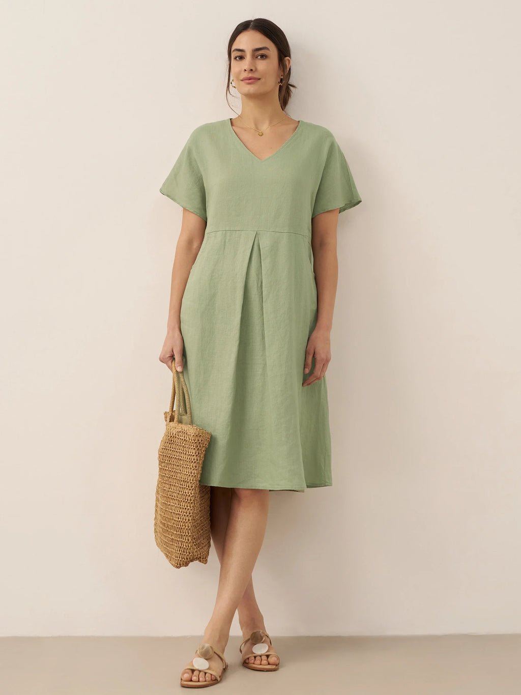 LINTICO 100% Linen V-Neck Pockets Swing Dress AINSLEY — lifestyle worn / used context